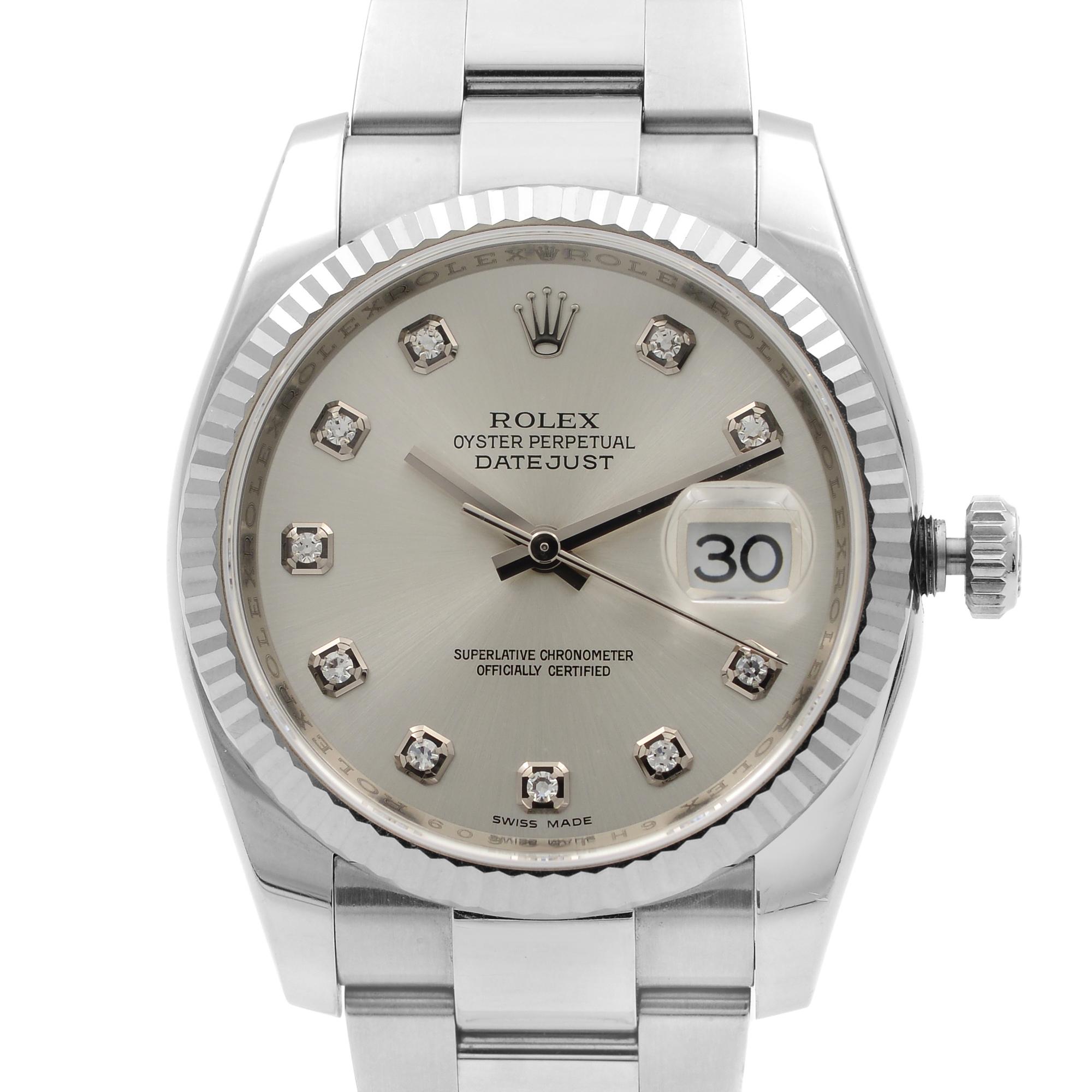 Factory Diamond Dial. 2012 Card Warranty Card. Rolex Serial tag and Rolex Tag is also included.  Comes with Original Box and Papers. Covered By 3 Year Chronostore Warranty.
Details:
Model Number 116234
Brand Rolex
Department Men
Style Dress/Formal,