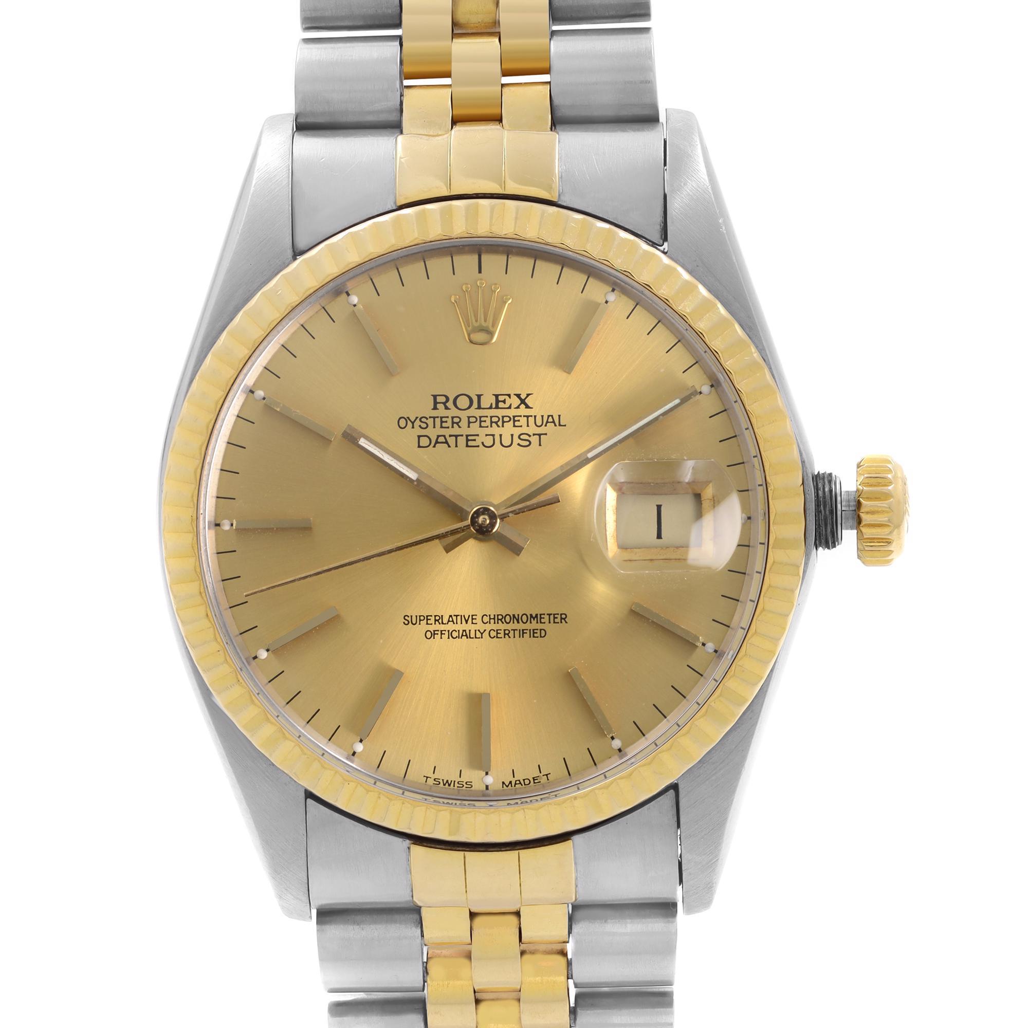 Pre-owned Rolex Datejust 36mm Steel 18k Yellow Gold Champagne Dial Automatic Watch 16013. This Watch Was Produced in 1987. The Watch Bracelet Has an obvious Slack due to it's age and some hairline scratches on the Dial, visible under thorough
