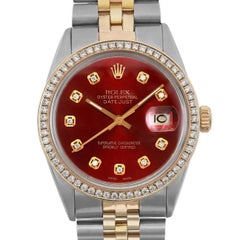 Rolex Datejust 36mm Steel 18K Yellow Gold Custom Diamond Red Dial Watch 16013