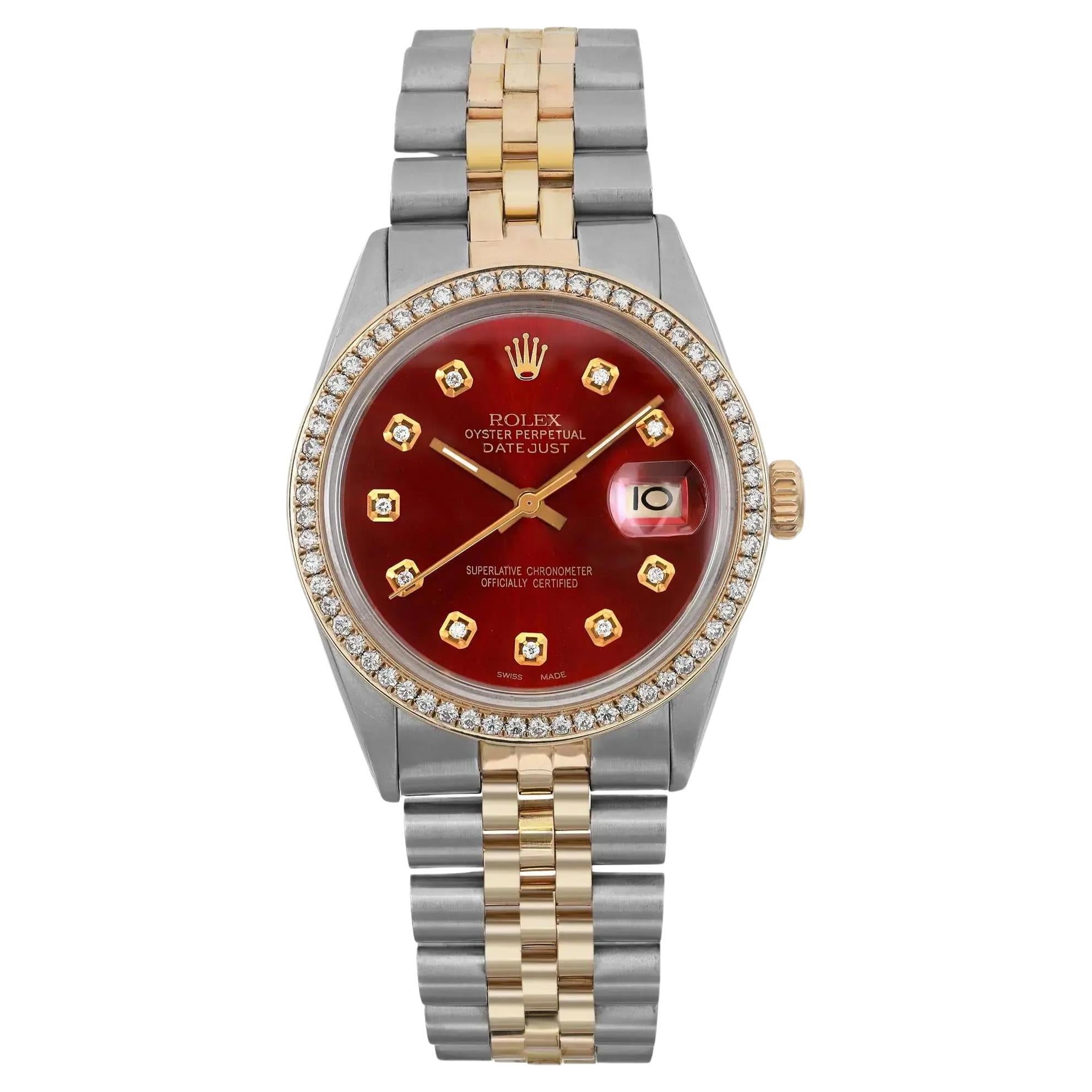 Rolex Datejust 36mm Steel 18K Yellow Gold Custom Diamond Red Dial Watch 16013