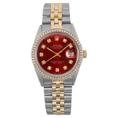 Rolex Datejust 36mm Steel 18K Yellow Gold Custom Diamond Red Dial Watch 16013
