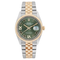 Rolex Datejust 36mm Steel 18k Yellow Gold Green Diamond VI IX Dial Watch 126233