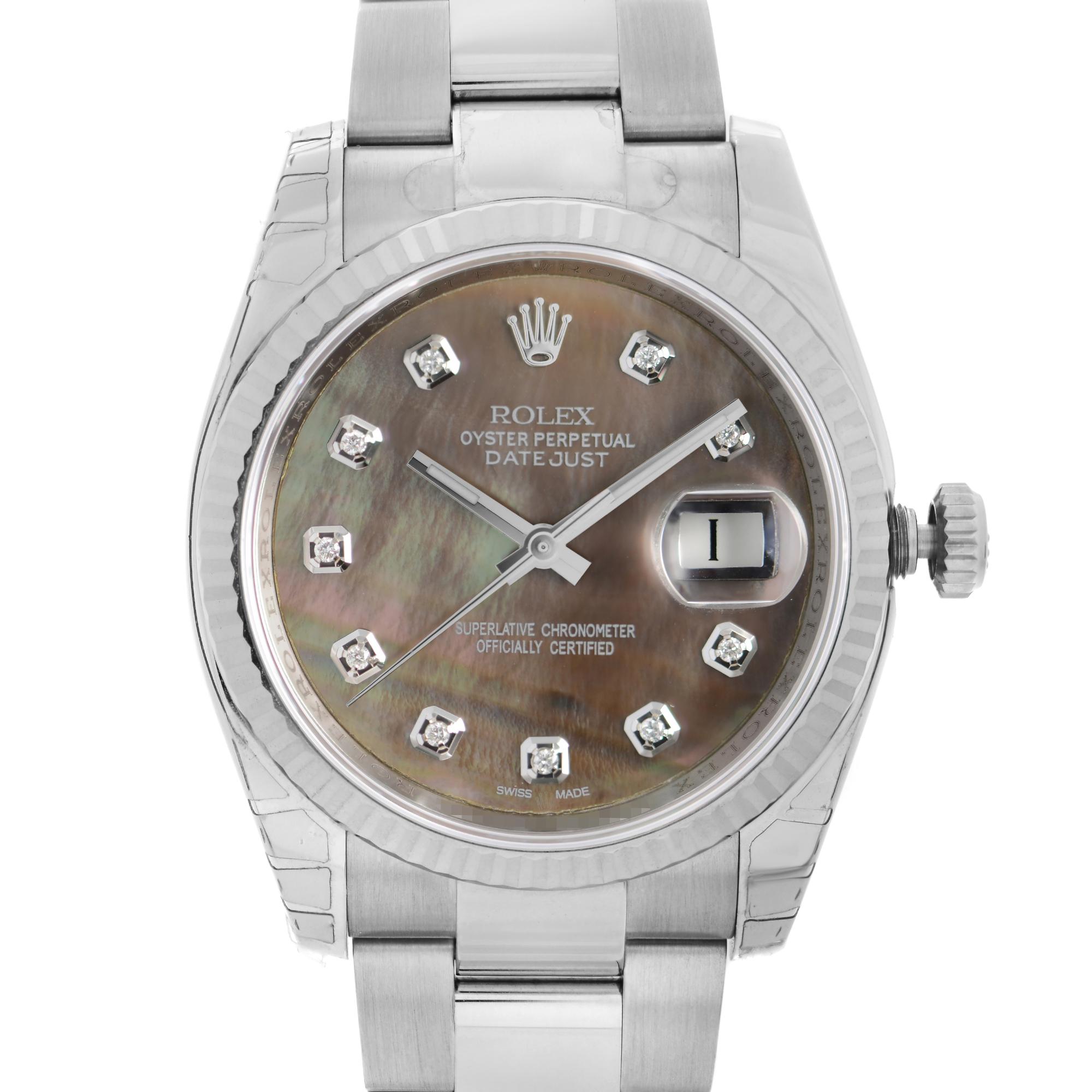 Pre Owned Rolex Datejust 36mm Steel Custom Black Mother Of Pearl Diamond Dial Automatic Watch 116234. This Beautiful Timepiece is Powered by Mechanical (Automatic) Movement And Features: Round Stainless Steel Case and Bracelet, Fixed Fluted 18k