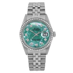 Rolex Datejust 36mm Steel Custom Green Turquoise Diamond Dial Bezel Watch 16030