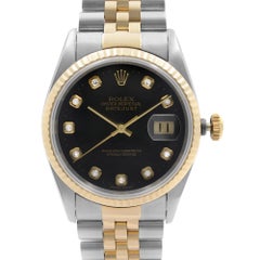 Rolex Datejust Steel Gold No Holes Case Black Diamond Dial Mens Watch 16233