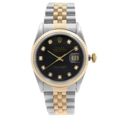 Vintage Rolex Datejust Steel Gold No Holes Case Black Diamond Dial Mens Watch 16233