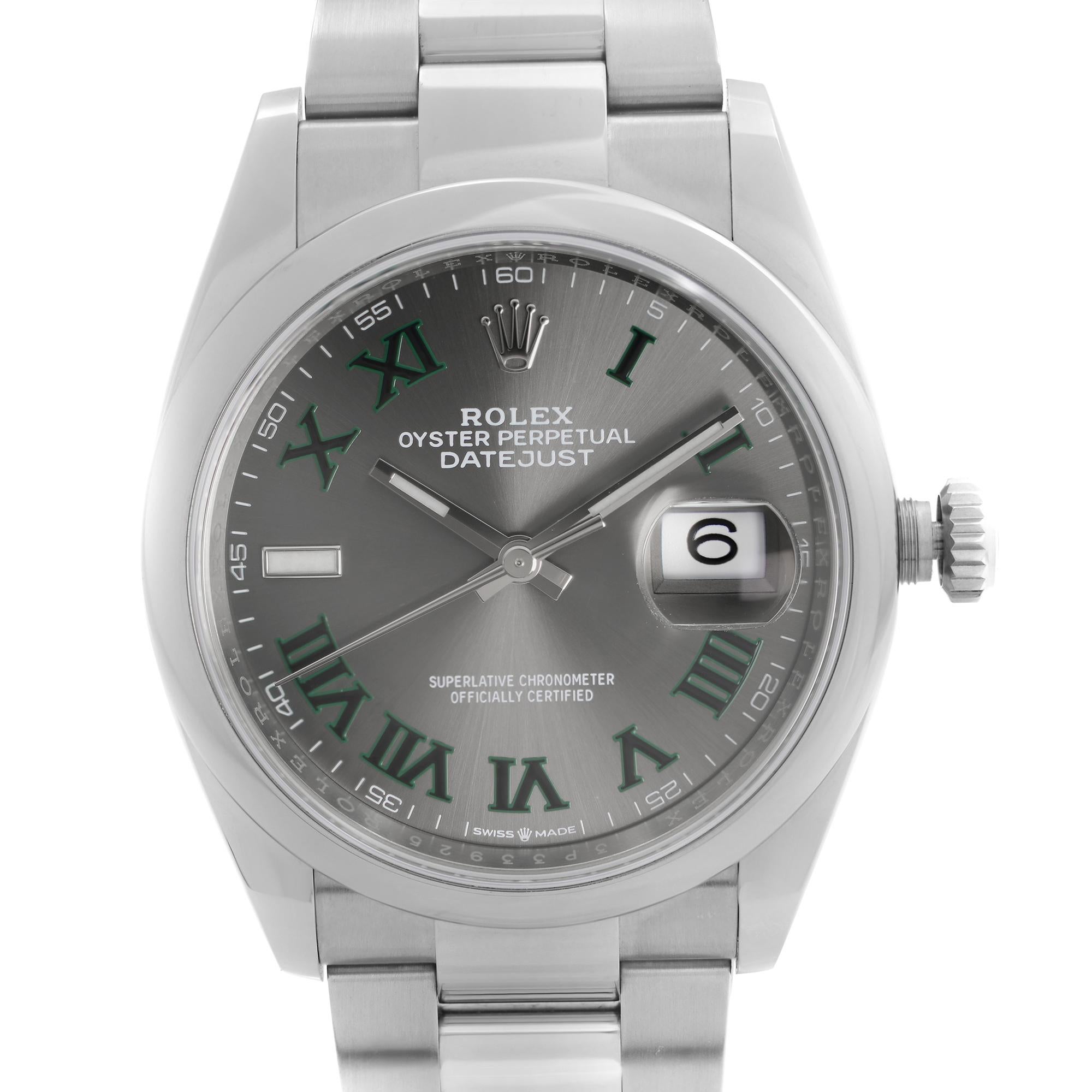 Unworn 2021 Card. Rolex Datejust 36mm Steel Grey Wimbledon Dial Automatic Men's Watch 126200. The Timepiece is powered by an automatic movement. Features: Polished Stainless Steel Case and Steel Bracelet. Fixed Smooth Bezel. Grey Wimbledon Dial,