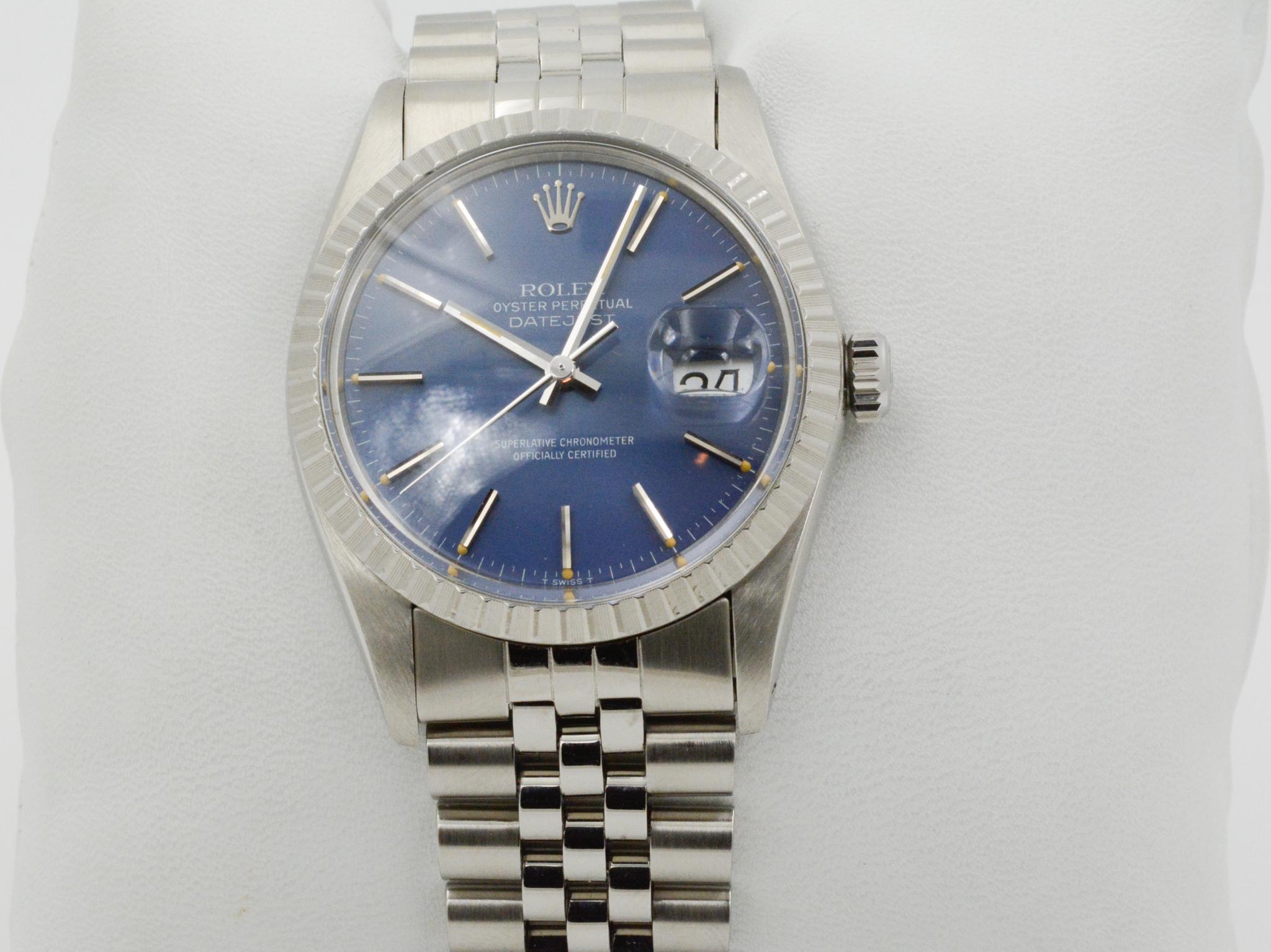 Model: Rolex Datejust #M16030
Movement: Automatic
Case Size: 36mm
Case Material: Steel
Dial: Blue
Strap: Jubilee
Circa 1980, no box, no papers