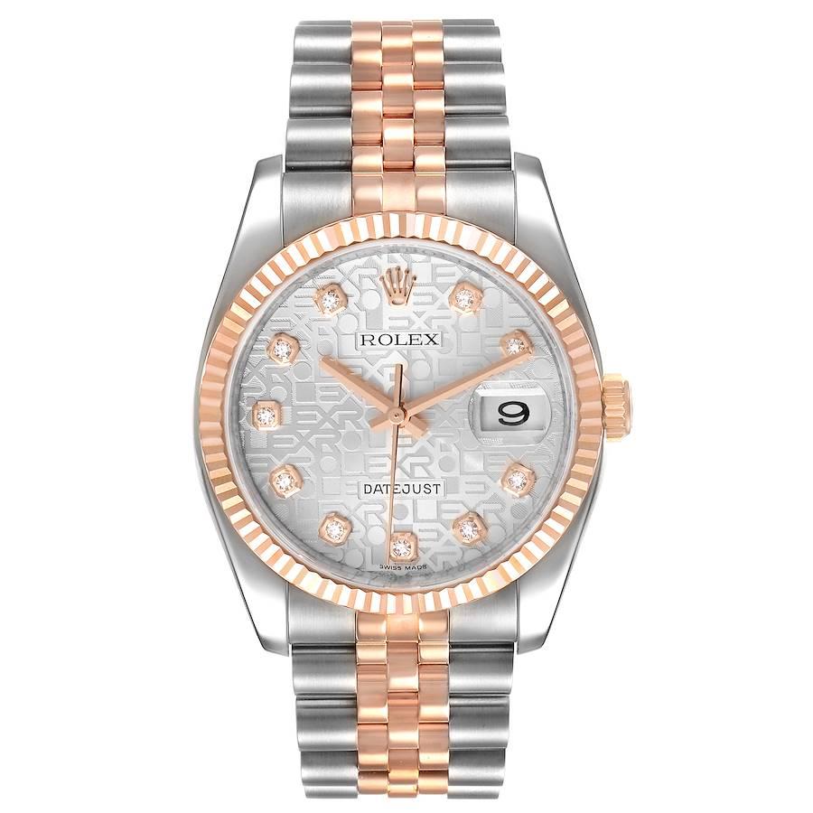 Rolex Datejust 36mm Steel Rose Gold Diamond Unisex Watch 116231. Officially certified chronometer self-winding movement. Stainless steel and Everose gold case 36mm in diameter. Rolex logo on a 18K rose gold crown. 18k rose gold fluted bezel. Scratch