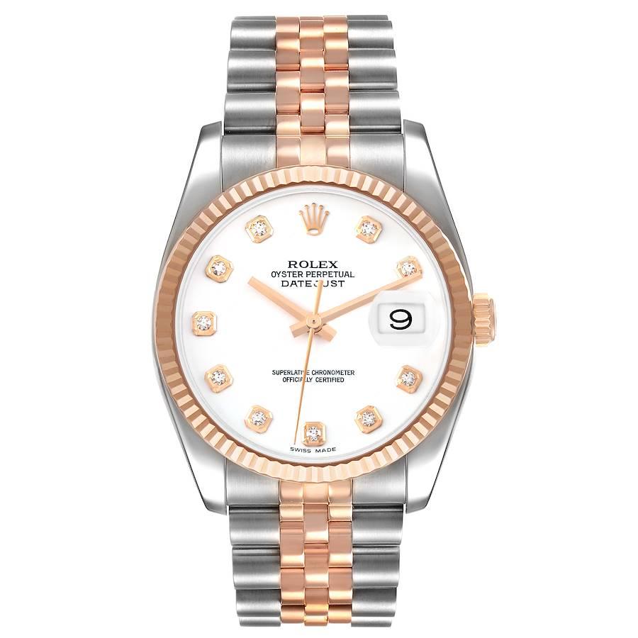 Rolex Datejust 36mm Steel Rose Gold Diamond Unisex Watch 116231. Officially certified chronometer self-winding movement. Stainless steel and Everose gold case 36mm in diameter. Rolex logo on a 18K rose gold crown. 18k rose gold fluted bezel. Scratch