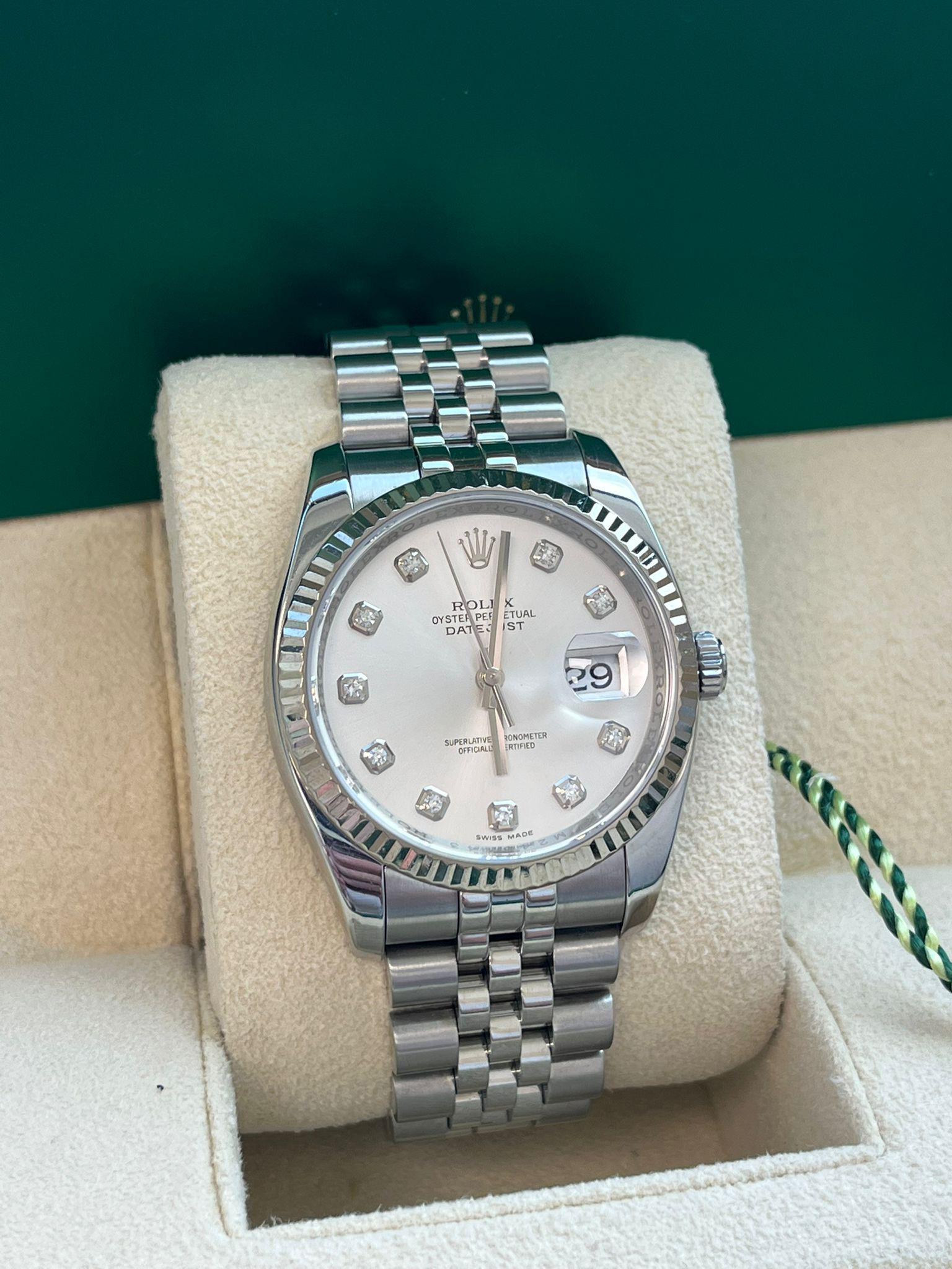 Rolex Montre Datejust 36 mm en acier, or blanc, argent et diamants pour hommes 116234 en vente 5