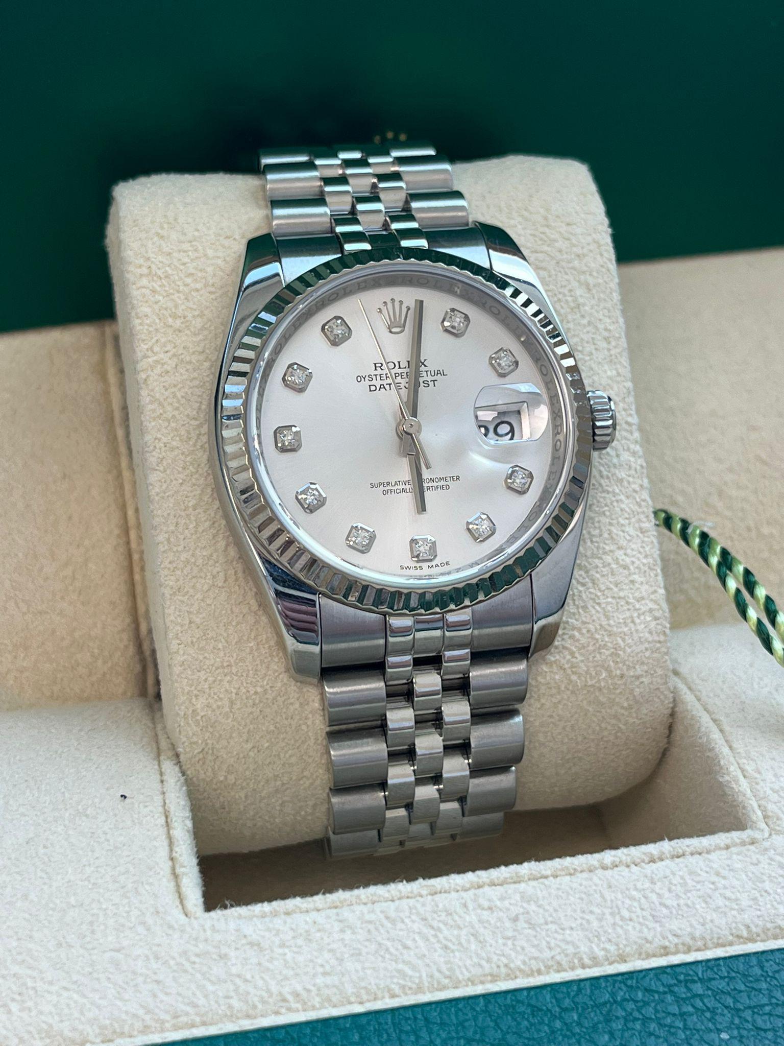 Rolex Montre Datejust 36 mm en acier, or blanc, argent et diamants pour hommes 116234 en vente 6