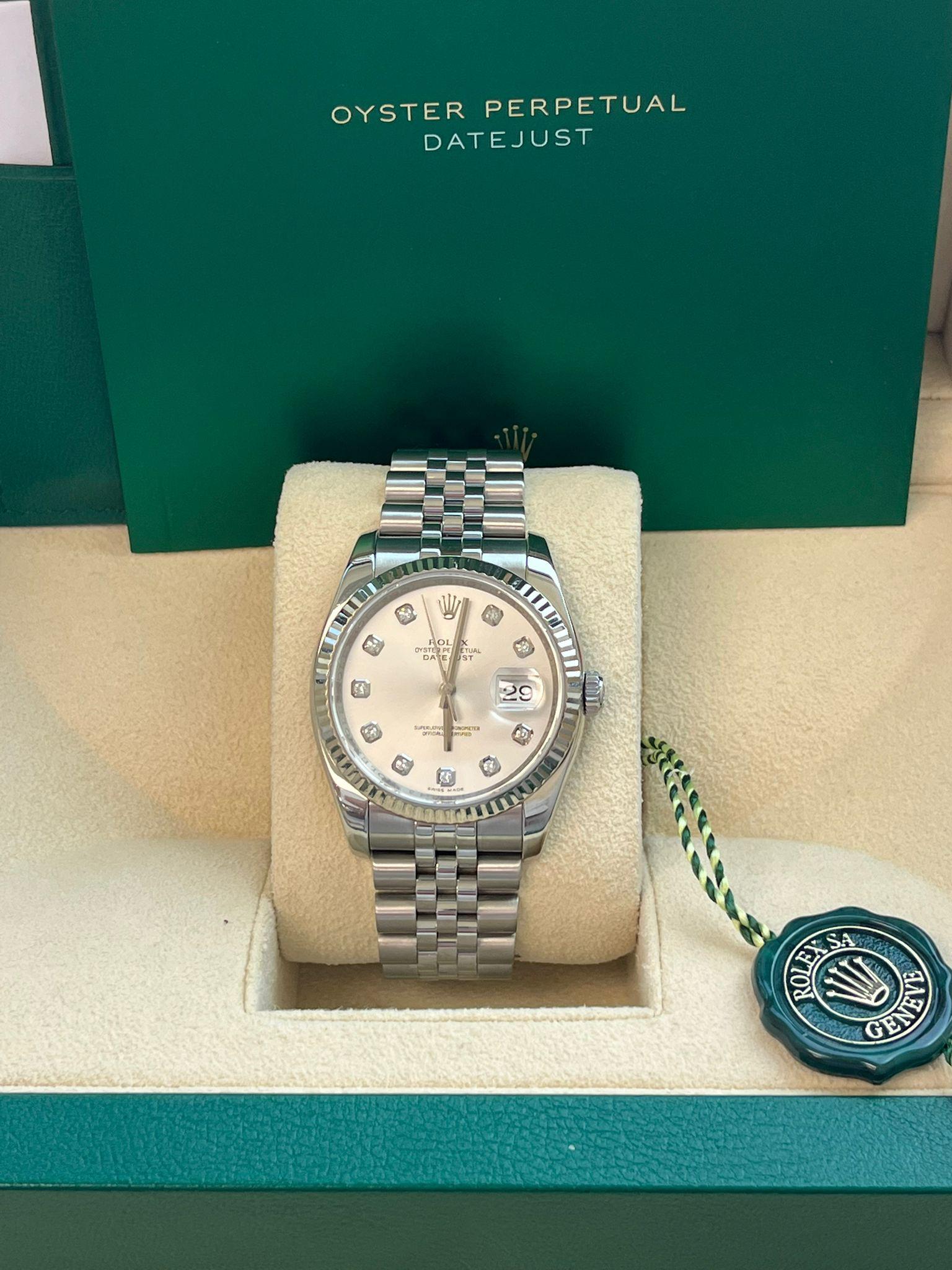 Rolex Montre Datejust 36 mm en acier, or blanc, argent et diamants pour hommes 116234 en vente 7