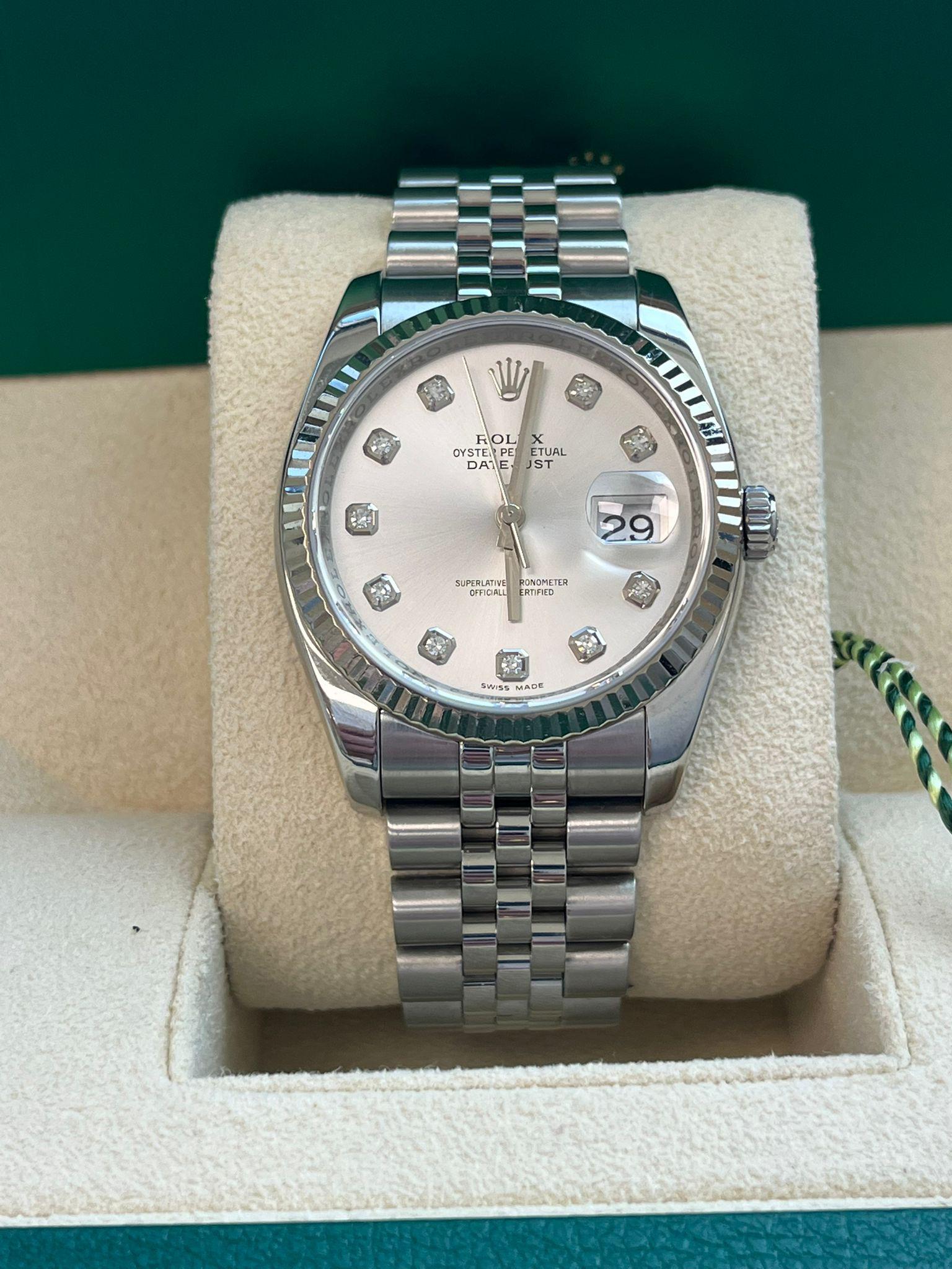 Rolex Montre Datejust 36 mm en acier, or blanc, argent et diamants pour hommes 116234 en vente 8