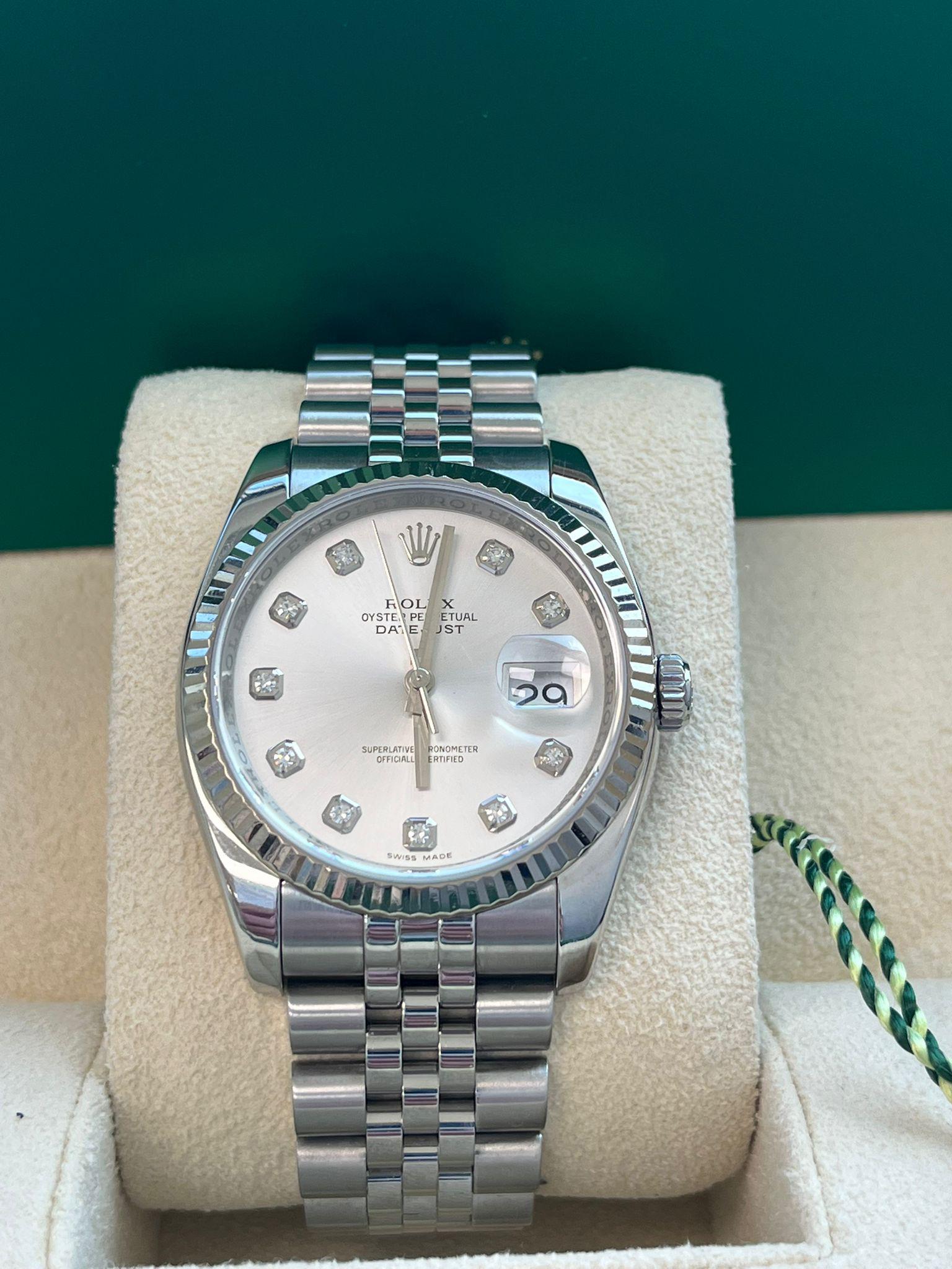 Rolex Montre Datejust 36 mm en acier, or blanc, argent et diamants pour hommes 116234 en vente 9