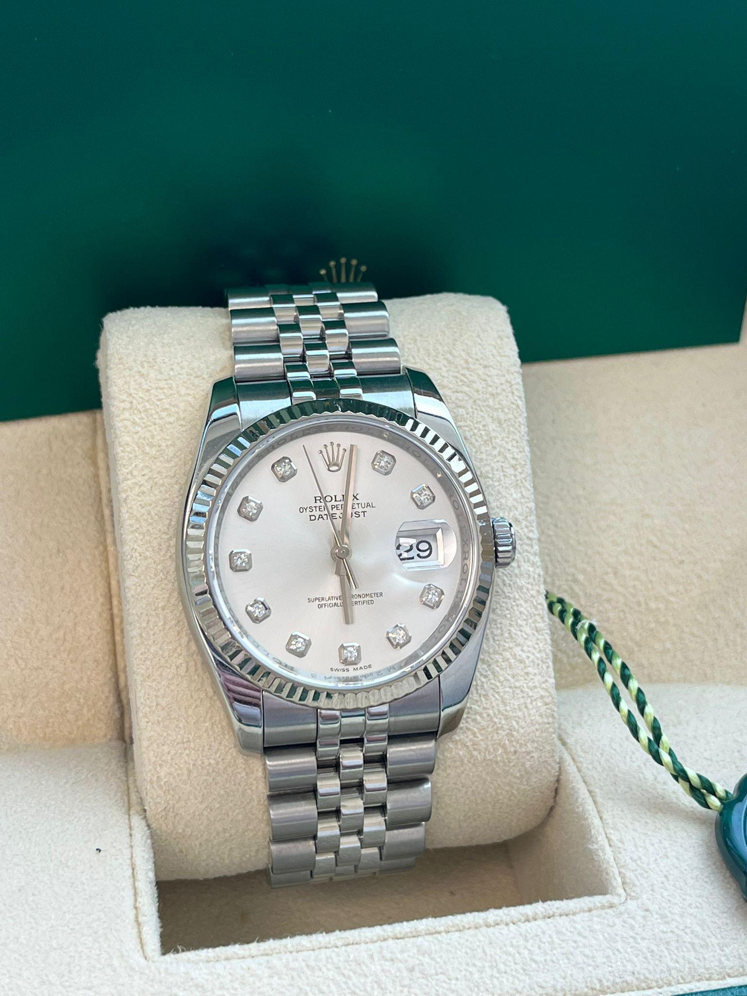 Rolex Montre Datejust 36 mm en acier, or blanc, argent et diamants pour hommes 116234 en vente 10