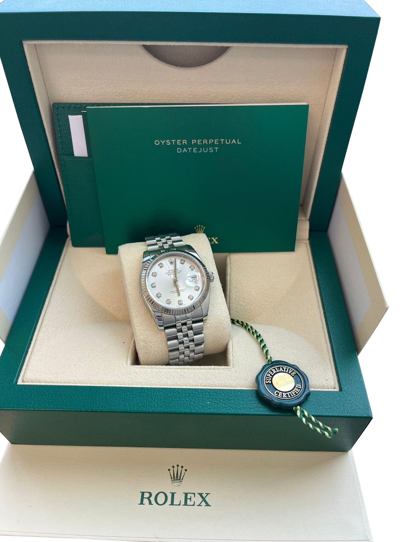 Moderniste Rolex Montre Datejust 36 mm en acier, or blanc, argent et diamants pour hommes 116234 en vente
