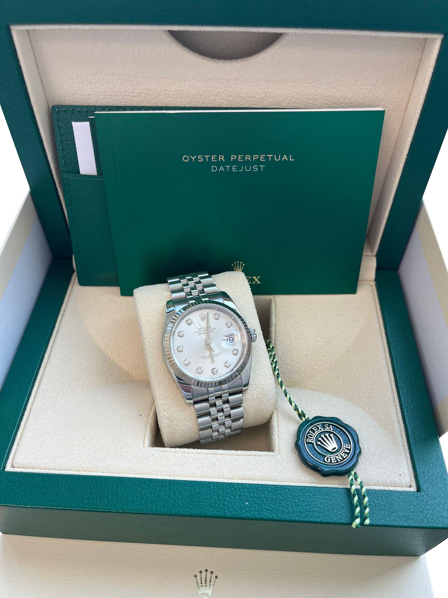 Taille ronde Rolex Montre Datejust 36 mm en acier, or blanc, argent et diamants pour hommes 116234 en vente