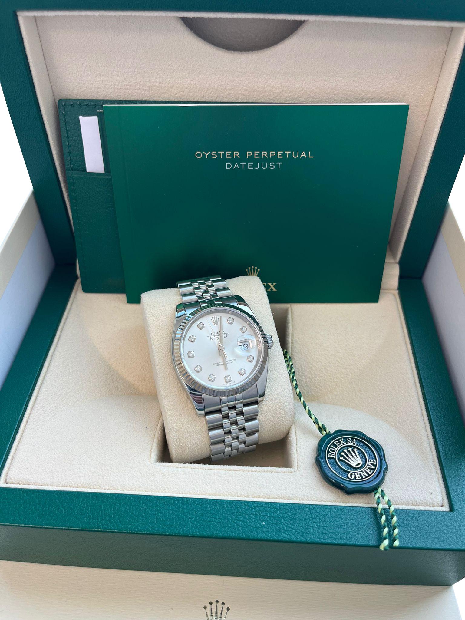 Rolex Montre Datejust 36 mm en acier, or blanc, argent et diamants pour hommes 116234 Bon état - En vente à Aventura, FL