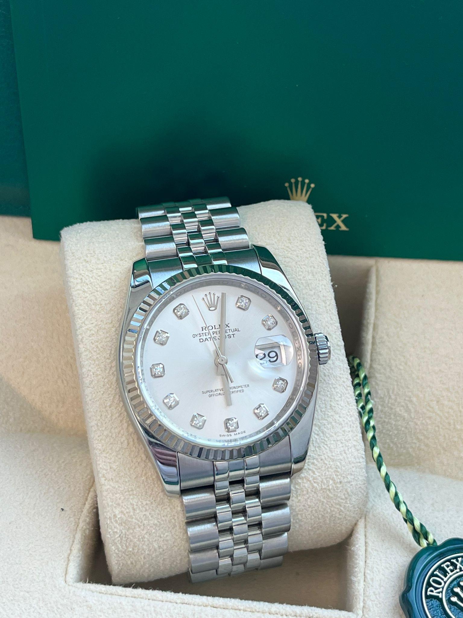 Rolex Montre Datejust 36 mm en acier, or blanc, argent et diamants pour hommes 116234 en vente 2