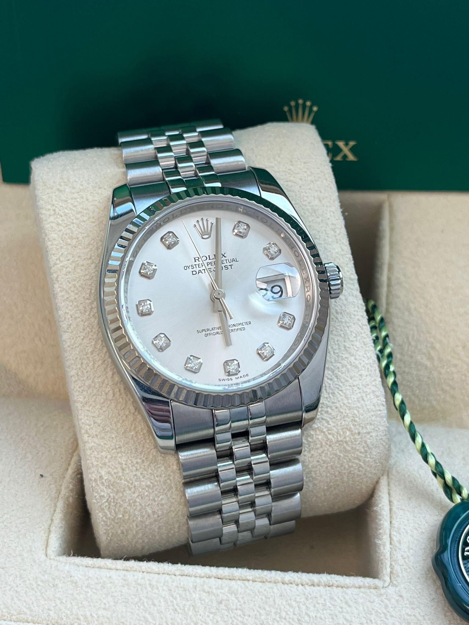 Rolex Montre Datejust 36 mm en acier, or blanc, argent et diamants pour hommes 116234 en vente 3