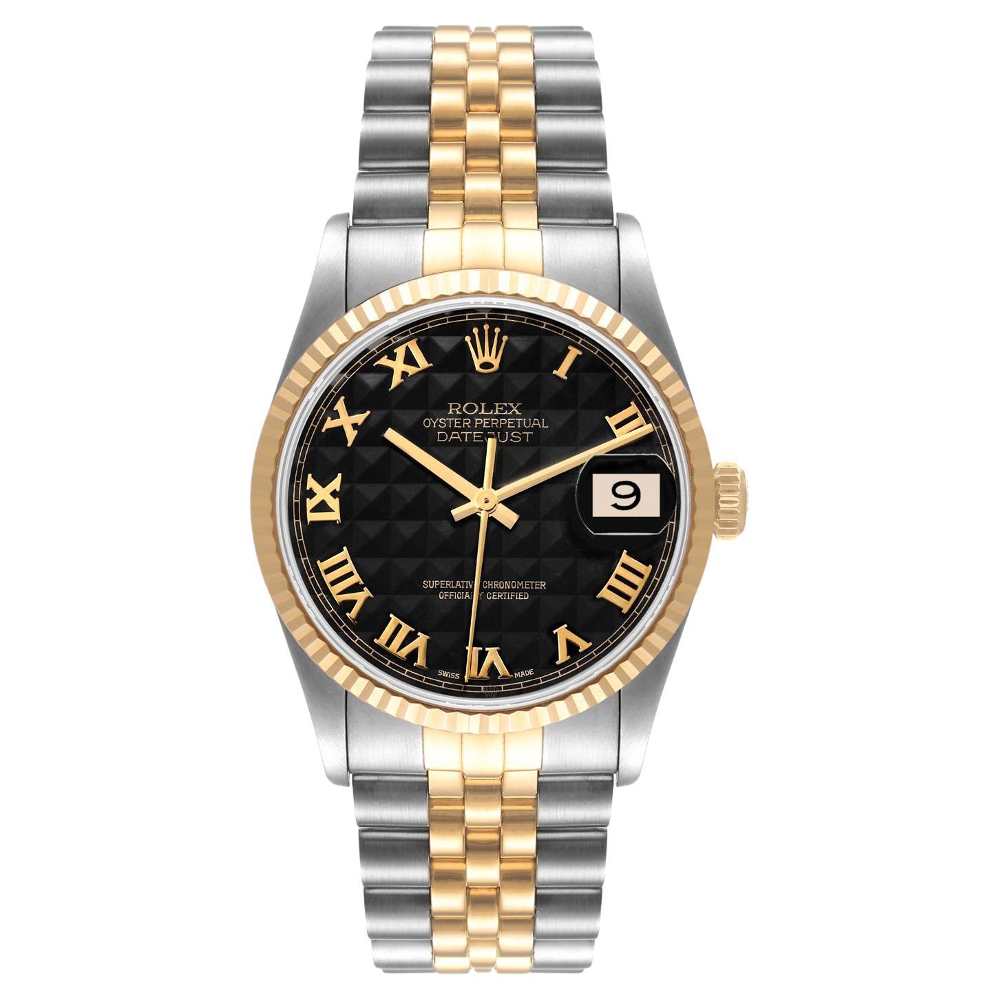 Rolex Datejust 36mm Steel Yellow Gold Black Pyramid Roman Dial Mens Watch 16233
