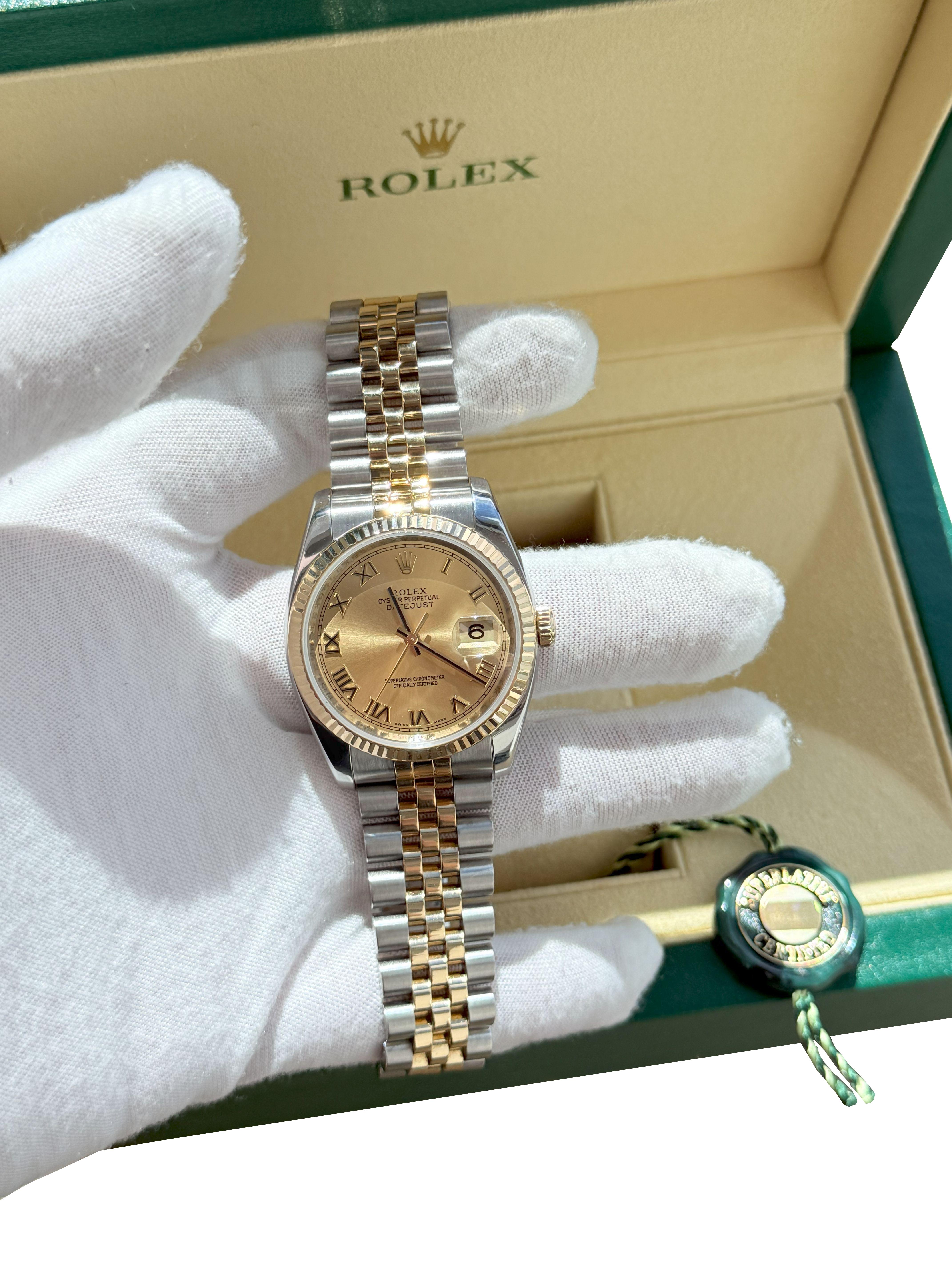 Rolex Datejust 36mm Acero Oro Amarillo Champán Esfera Romana Reloj Caballero 116233 en venta 14