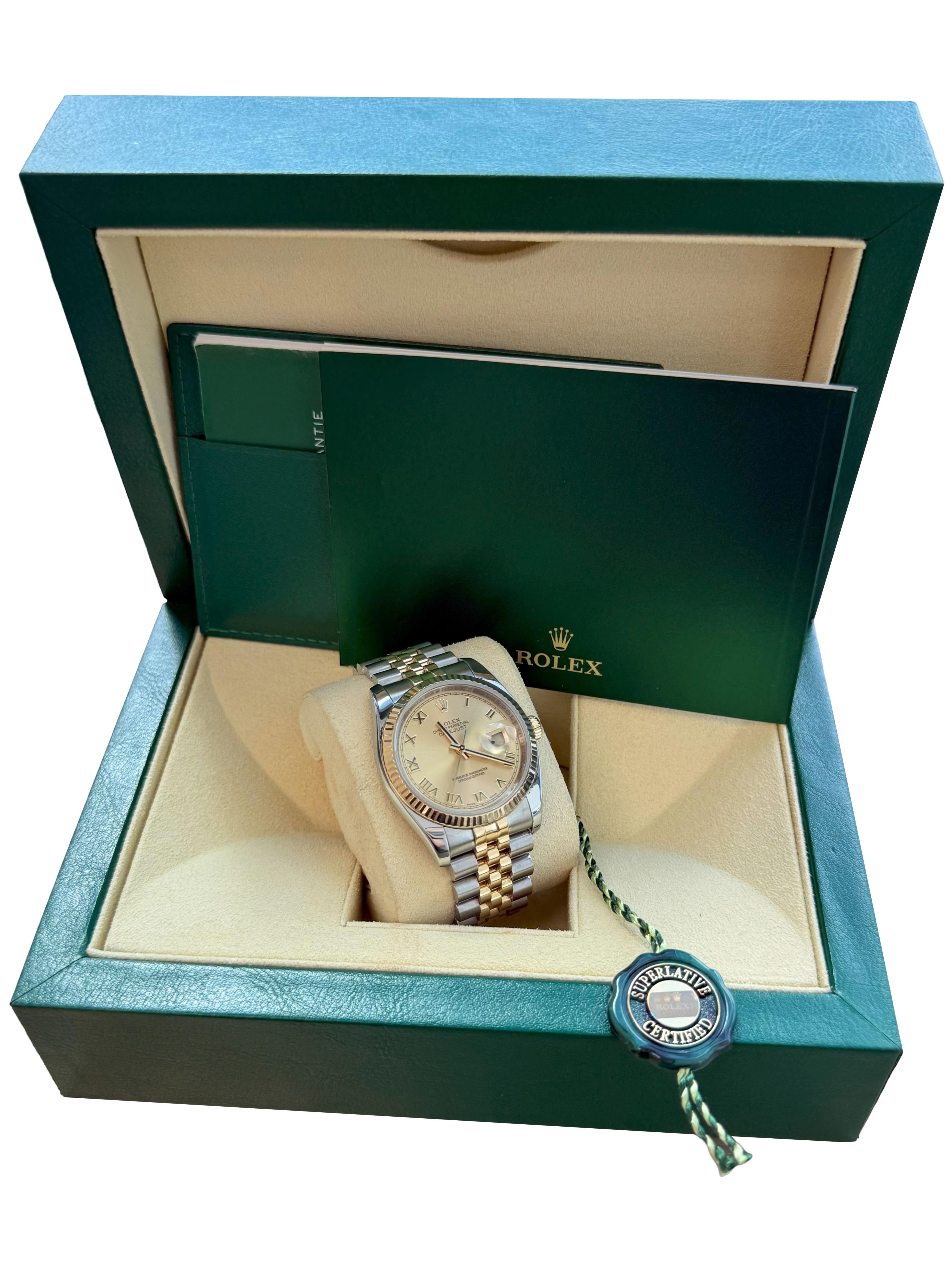 Rolex Datejust 36mm Acero Oro Amarillo Champán Esfera Romana Reloj Caballero 116233 Modernista en venta