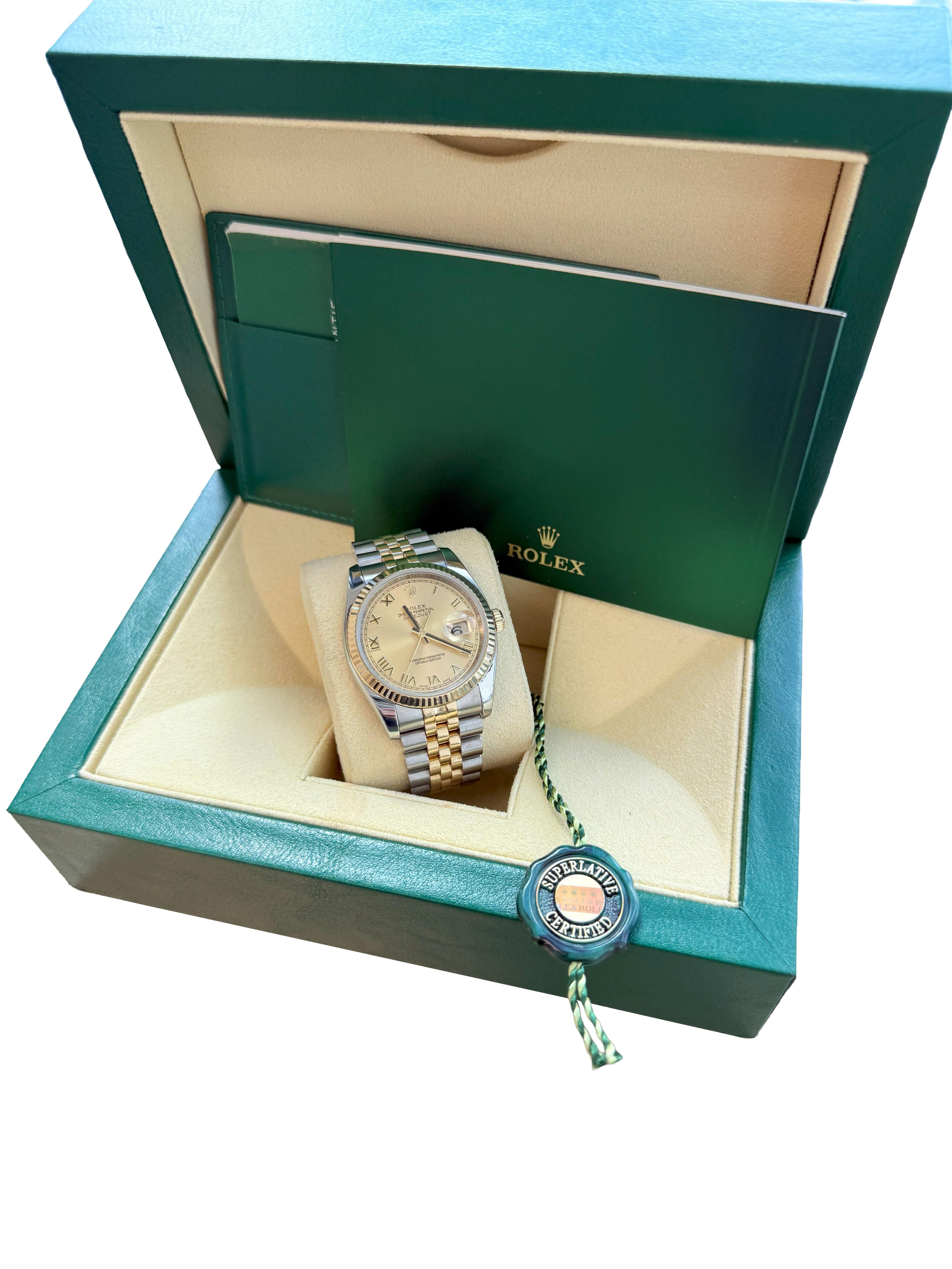 Rolex Datejust 36mm Acero Oro Amarillo Champán Esfera Romana Reloj Caballero 116233 en Bueno estado para la venta en Aventura, FL