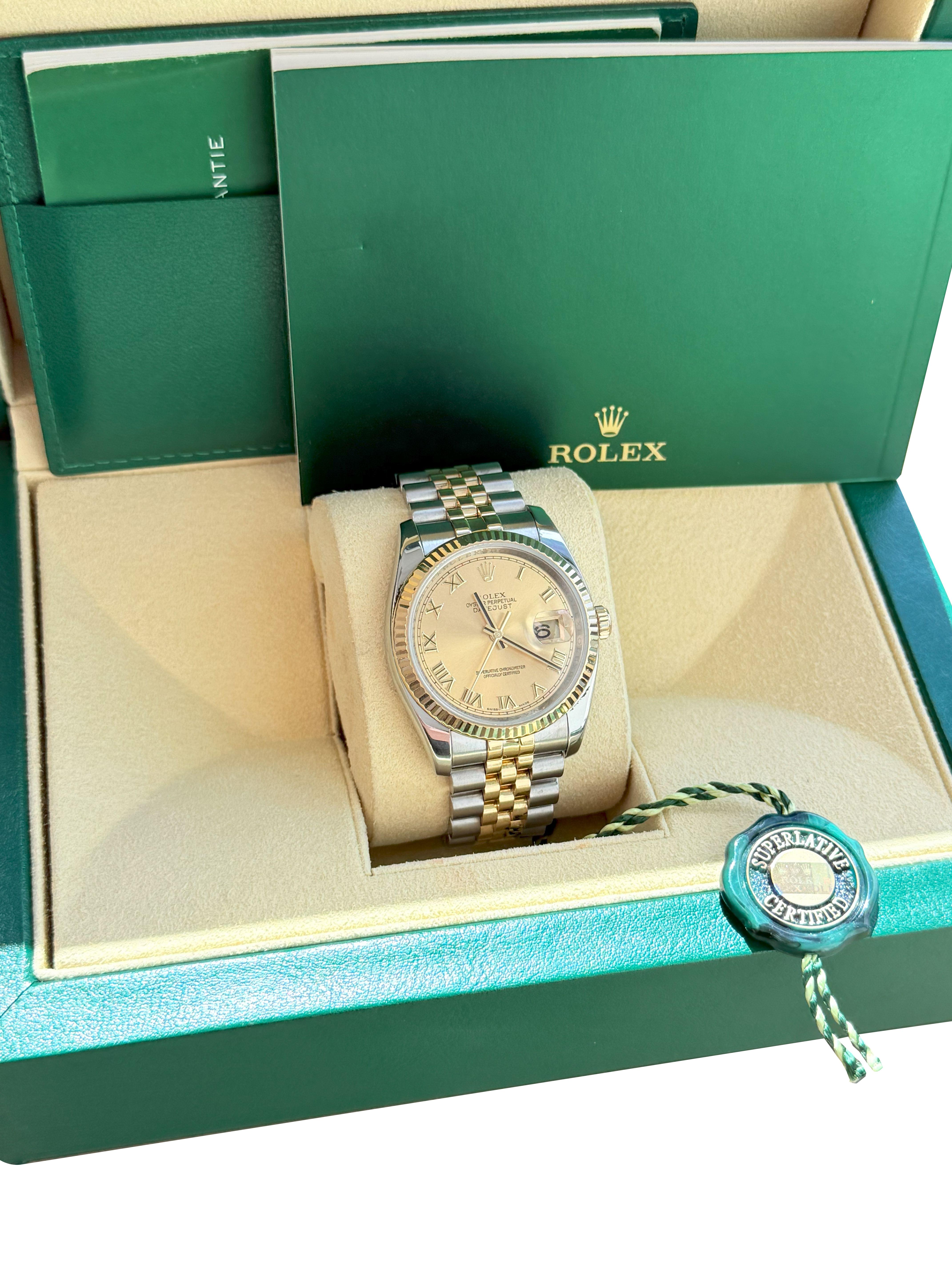 Rolex Datejust 36mm Acero Oro Amarillo Champán Esfera Romana Reloj Caballero 116233 en venta 1