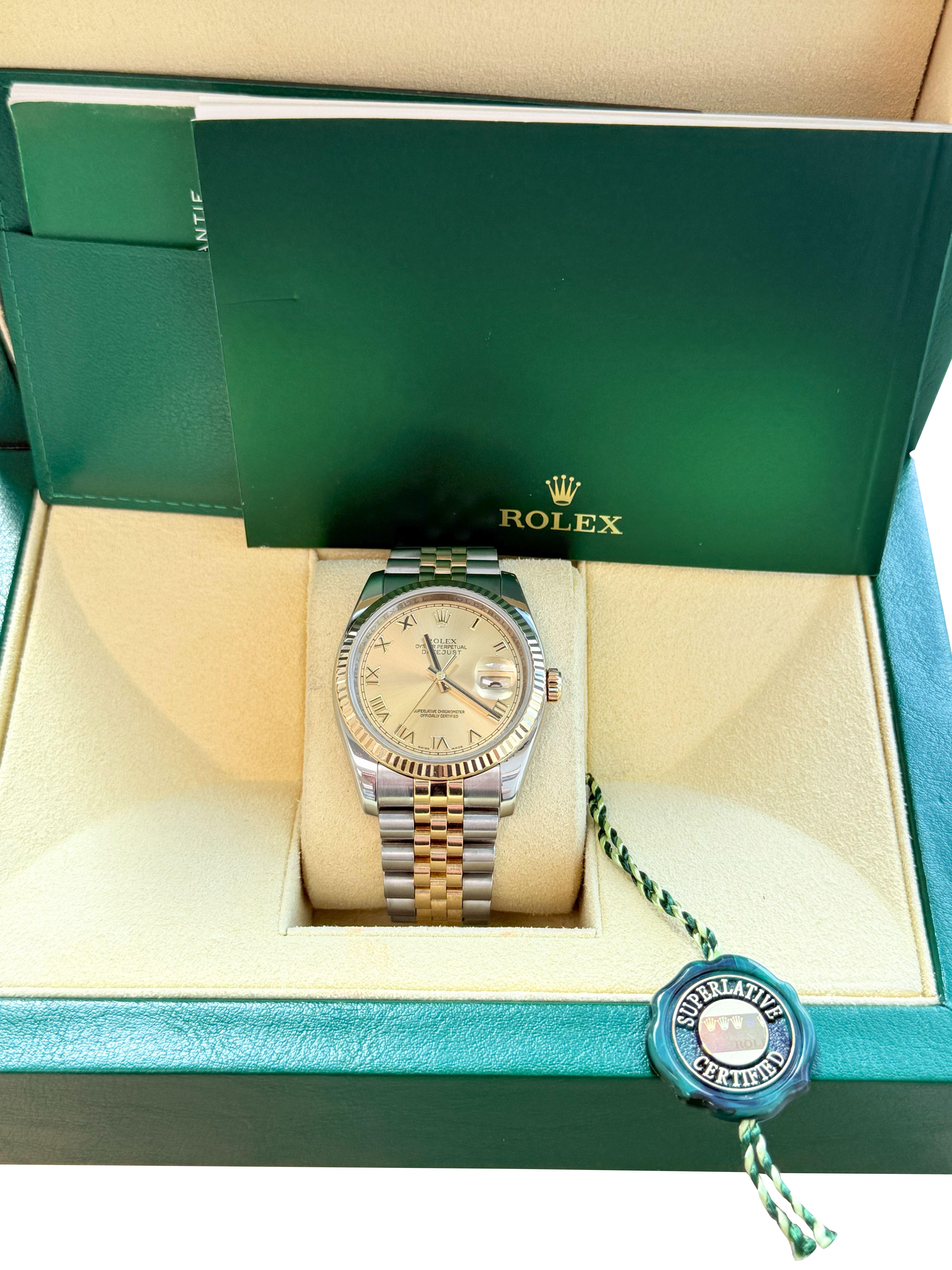 Rolex Datejust 36mm Acero Oro Amarillo Champán Esfera Romana Reloj Caballero 116233 en venta 3
