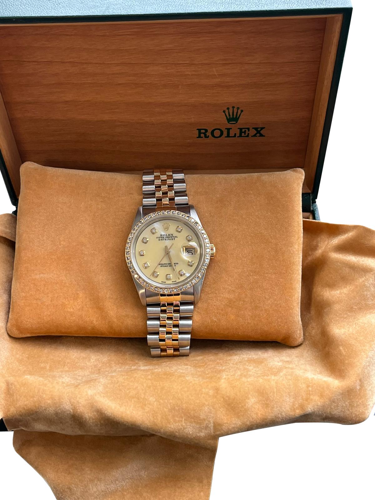 Rolex Montre Datejust 36 mm en acier, or jaune, avec cadran en diamants MOP, pour hommes 16233 en vente 4