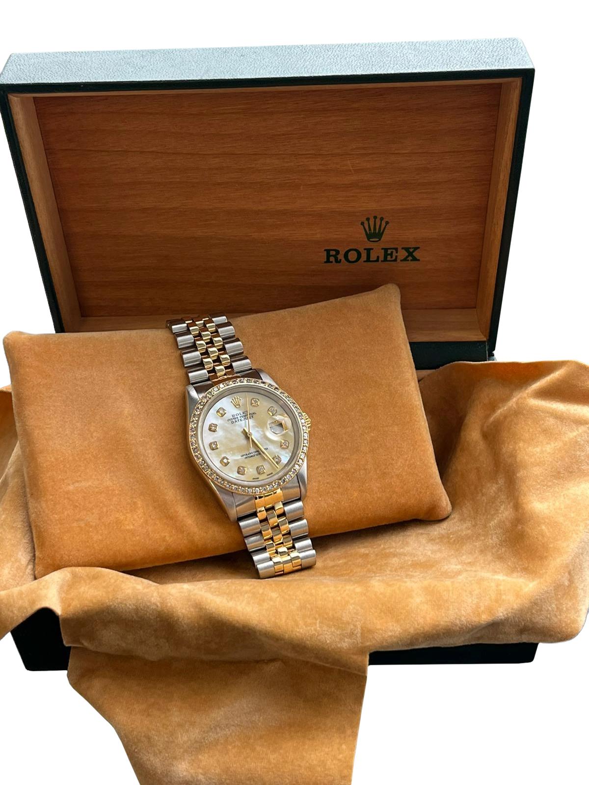 Modernist Rolex Datejust 36mm Steel Yellow Gold MOP Diamond Dial Bezel Mens Watch 16233 For Sale