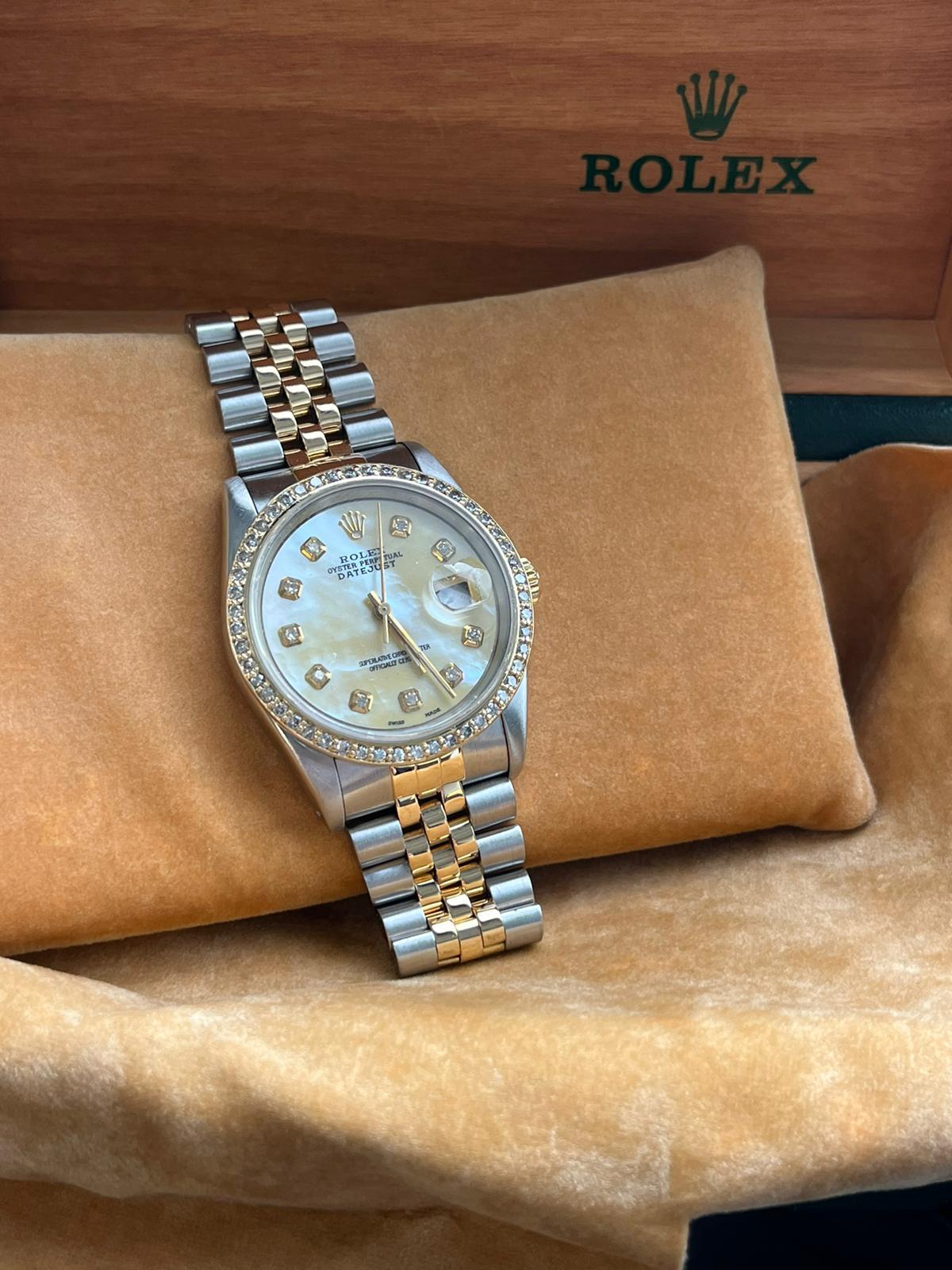 Rolex Datejust 36mm Steel Yellow Gold MOP Diamond Dial Bezel Mens Watch 16233 In Good Condition For Sale In Aventura, FL