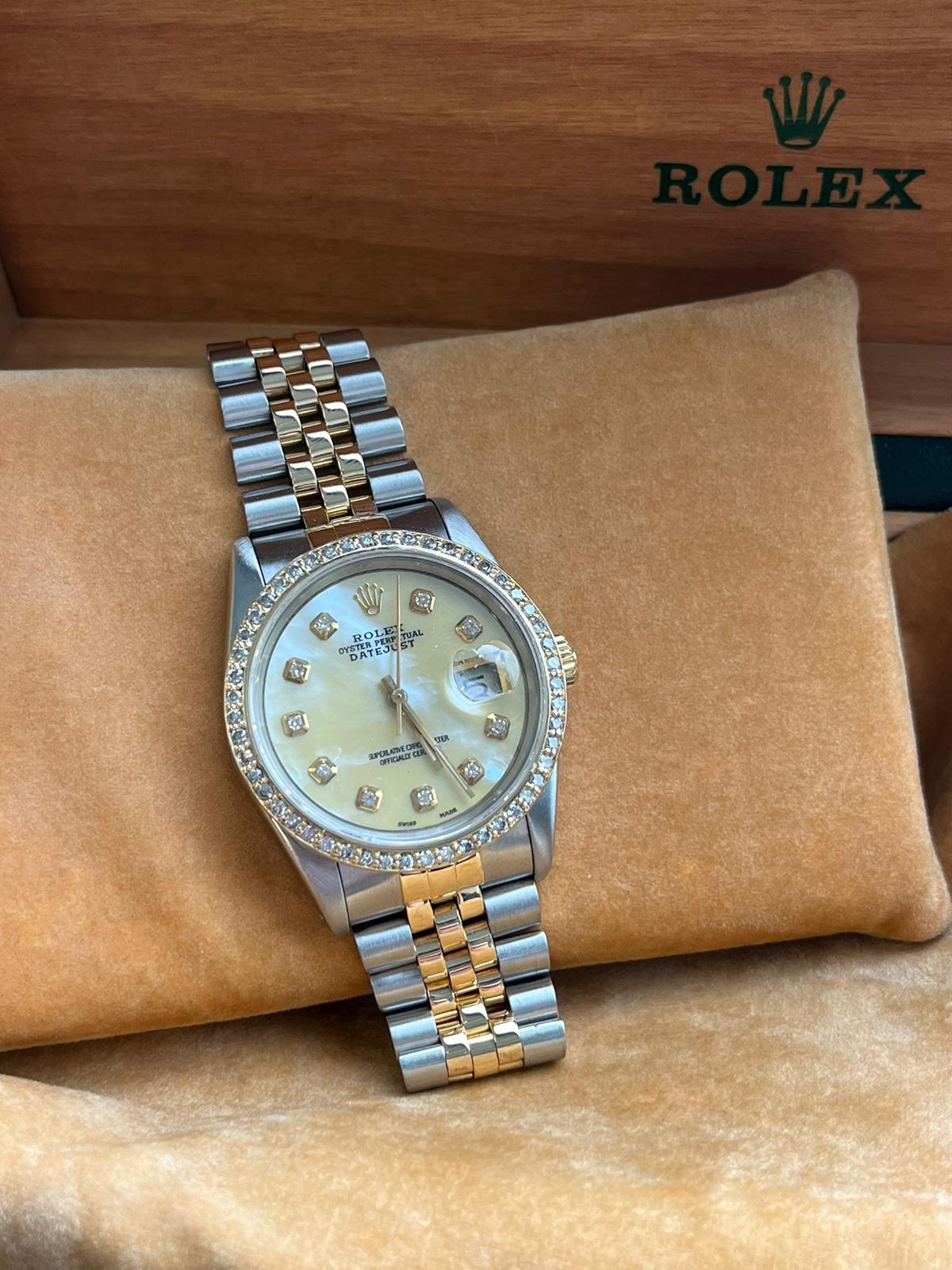 Women's or Men's Rolex Datejust 36mm Steel Yellow Gold MOP Diamond Dial Bezel Mens Watch 16233 For Sale