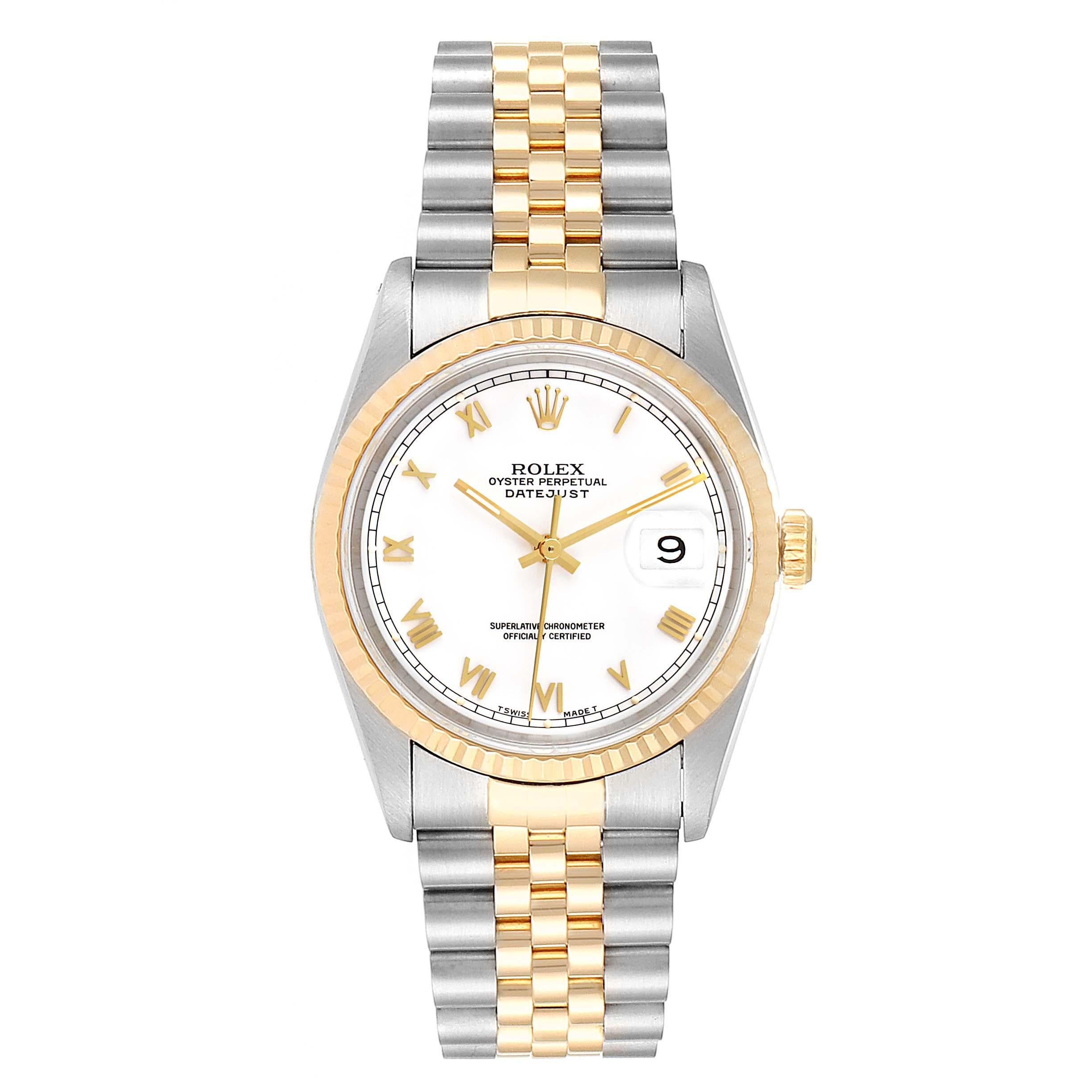 Rolex Datejust 36mm Steel Yellow Gold White Dial Mens Watch 16233. Officially certified chronometer self-winding movement. Stainless steel case 36 mm in diameter. Rolex logo on a 18K yellow gold crown. 18k yellow gold fluted bezel. Scratch resistant