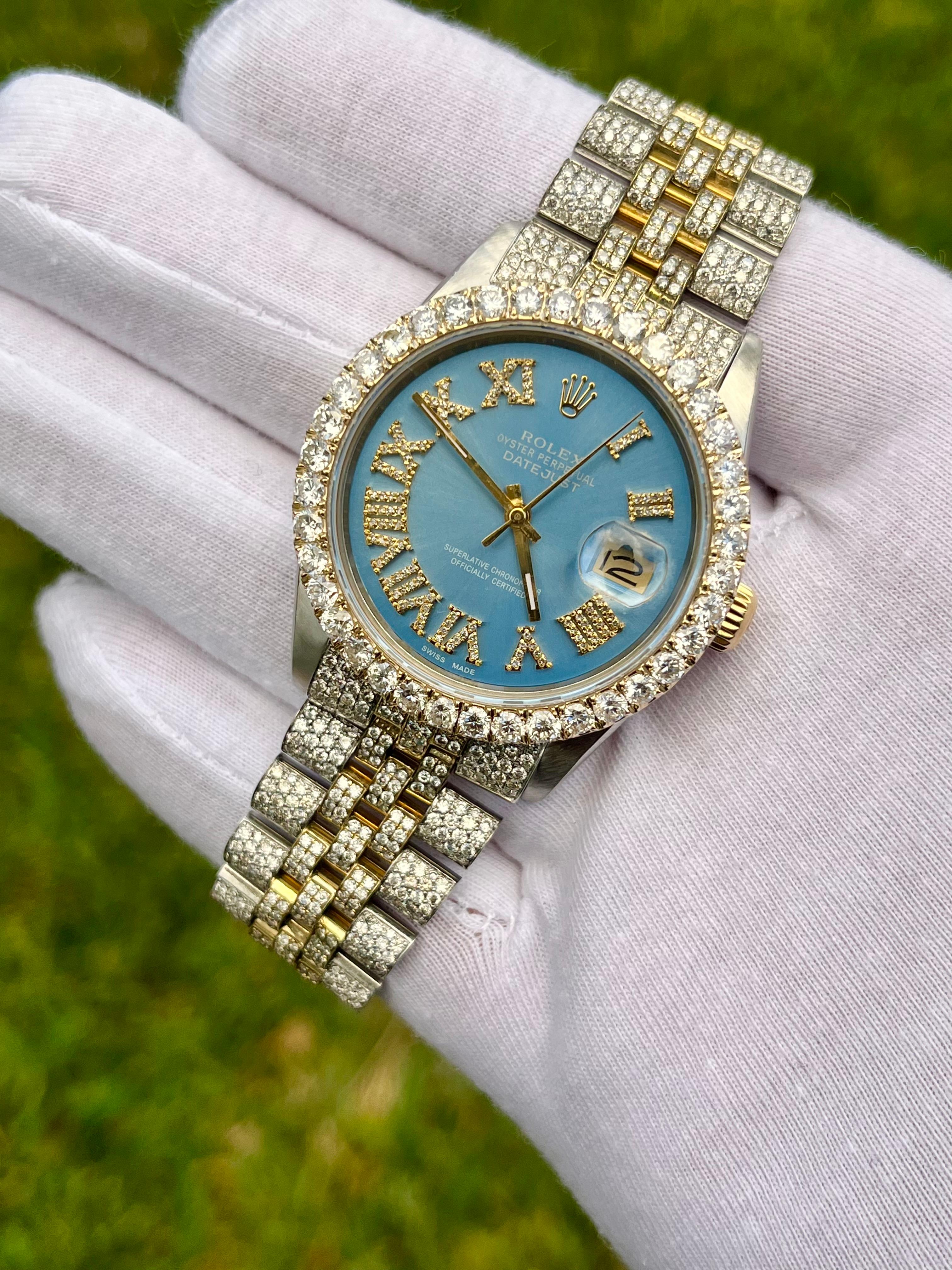 Rolex Datejust 36mm watch with 10 carats in natural diamonds set on the bezel, hour markers, and bracelet. This bright blue dial is widely recognized in the horological world as “Tiffany Blue”, for its similarity to the legendary company Tiffany &