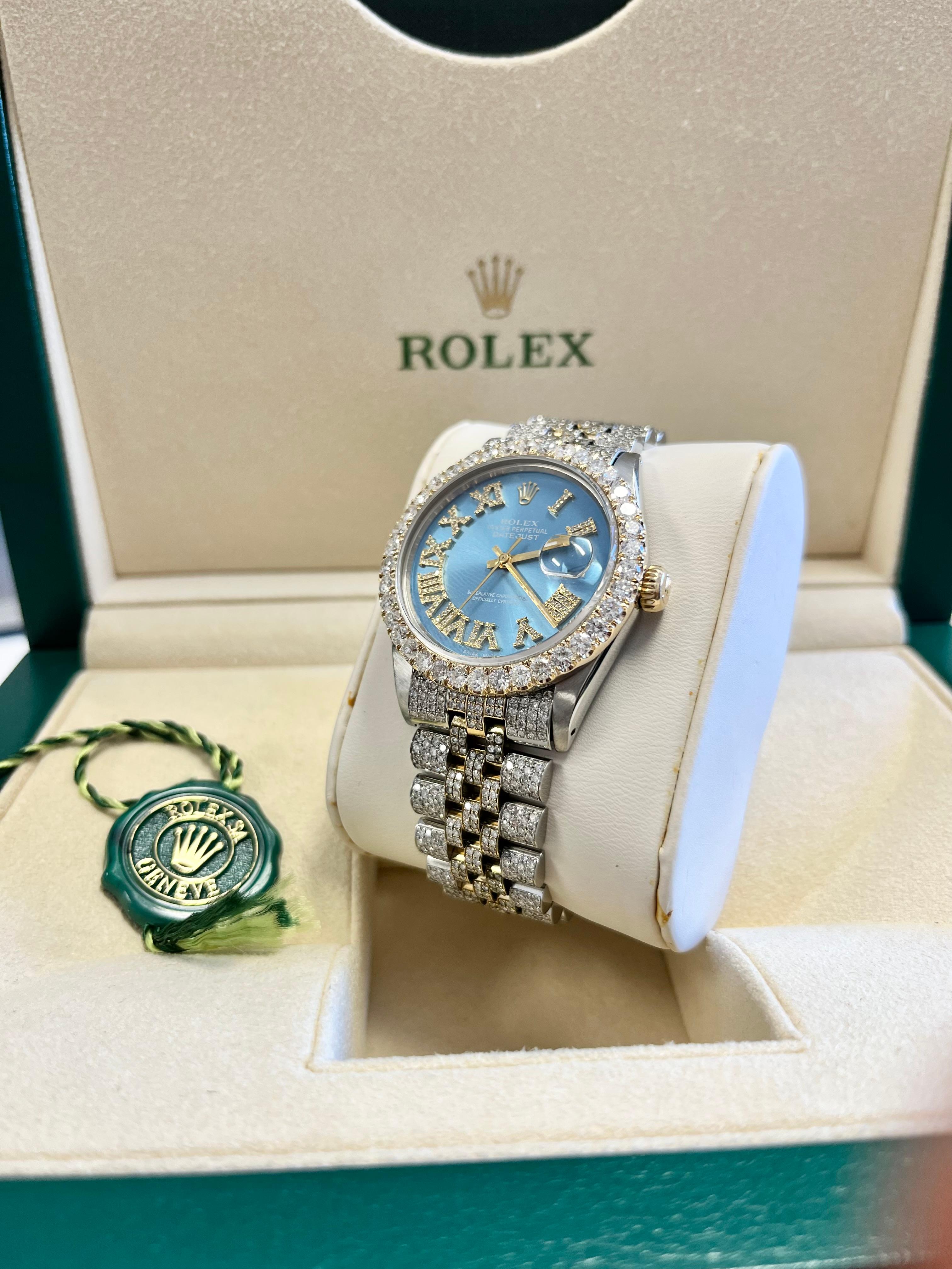 Modern Rolex Datejust Tiffany Blue Dial Full Diamond Iced Out Jubilee Bracelet