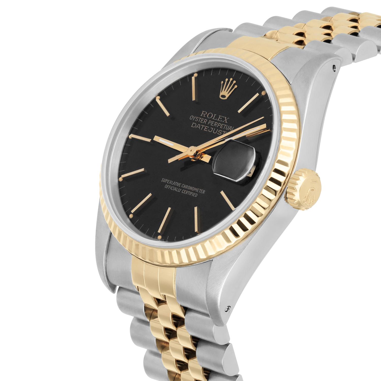 Rolex Datejust 36mm Two Tone Black Index Dial Jubilee 16233 Circa 1993 In Excellent Condition For Sale In New York, NY