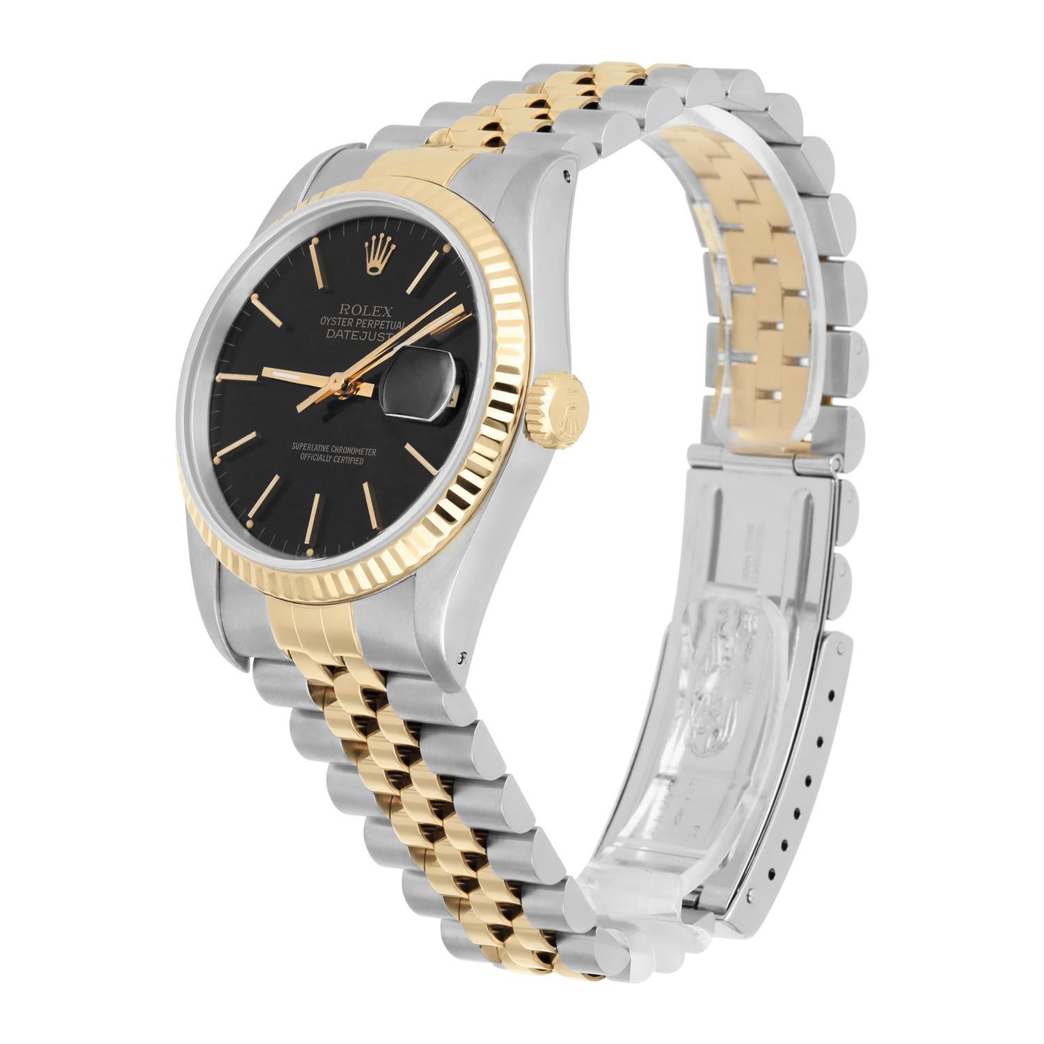 Women's or Men's Rolex Datejust 36mm Two Tone Black Index Dial Jubilee 16233 Circa 1993 For Sale