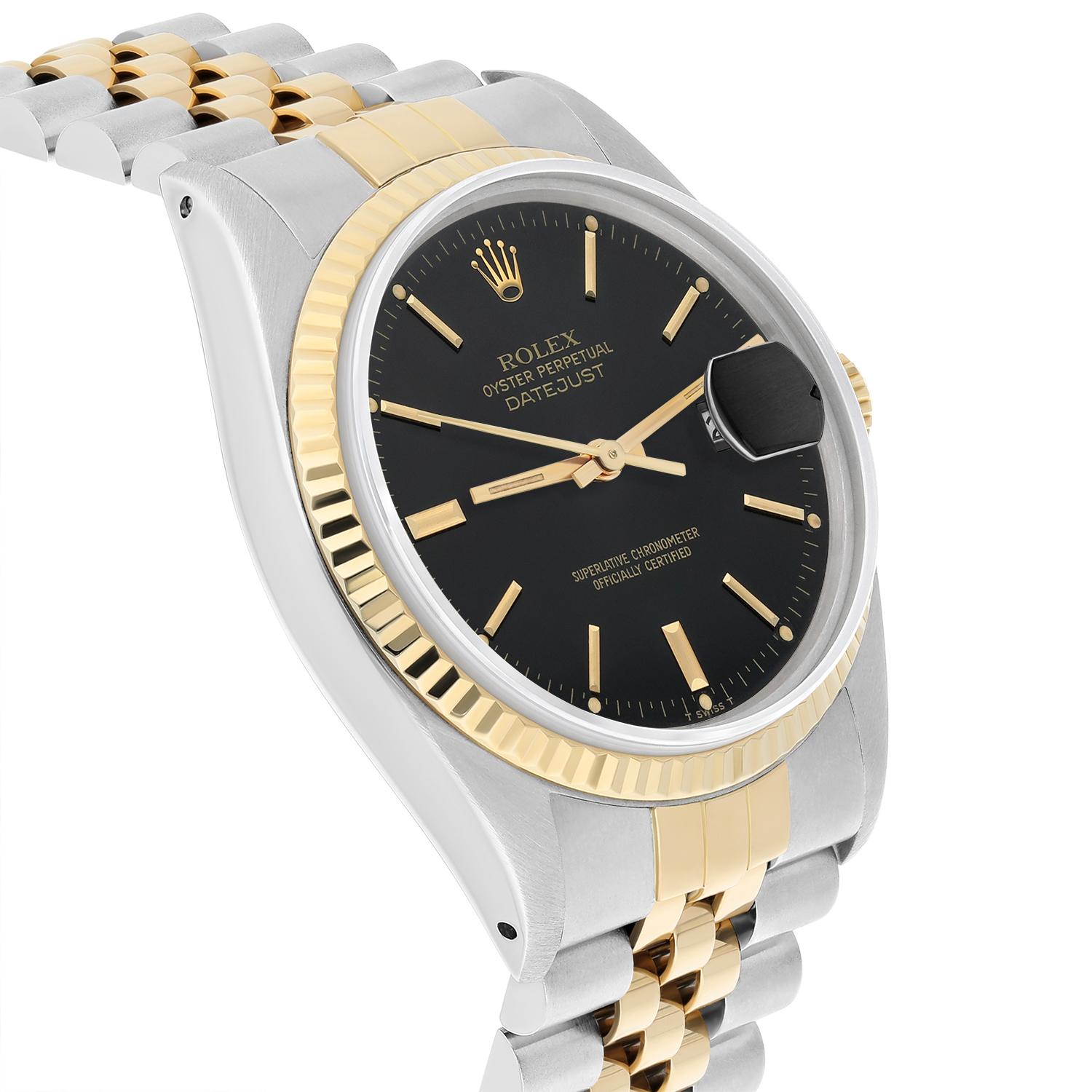 Rolex Datejust 36mm Two Tone Black lndex Dial Jubilee 16013 Circa 1987 Complete In Excellent Condition For Sale In New York, NY