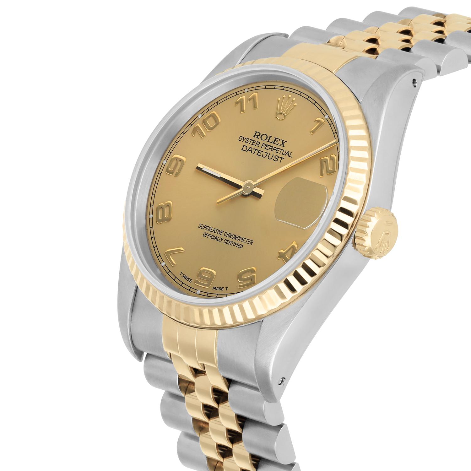 Rolex Datejust 36mm Two Tone Champagne Arabic Dial Jubilee 16233 Circa 1994 In Excellent Condition For Sale In New York, NY