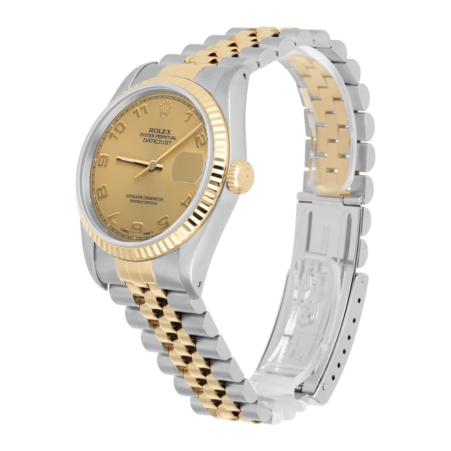 Women's or Men's Rolex Datejust 36mm Two Tone Champagne Arabic Dial Jubilee 16233 Circa 1994 For Sale