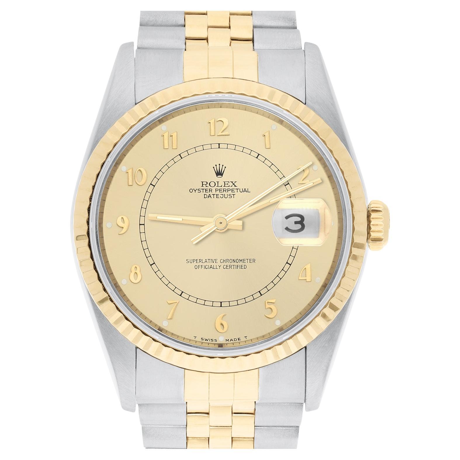 Rolex Datejust 36mm Two Tone Champagne Arabic Dial Jubilee 16233 Circa 1998 For Sale