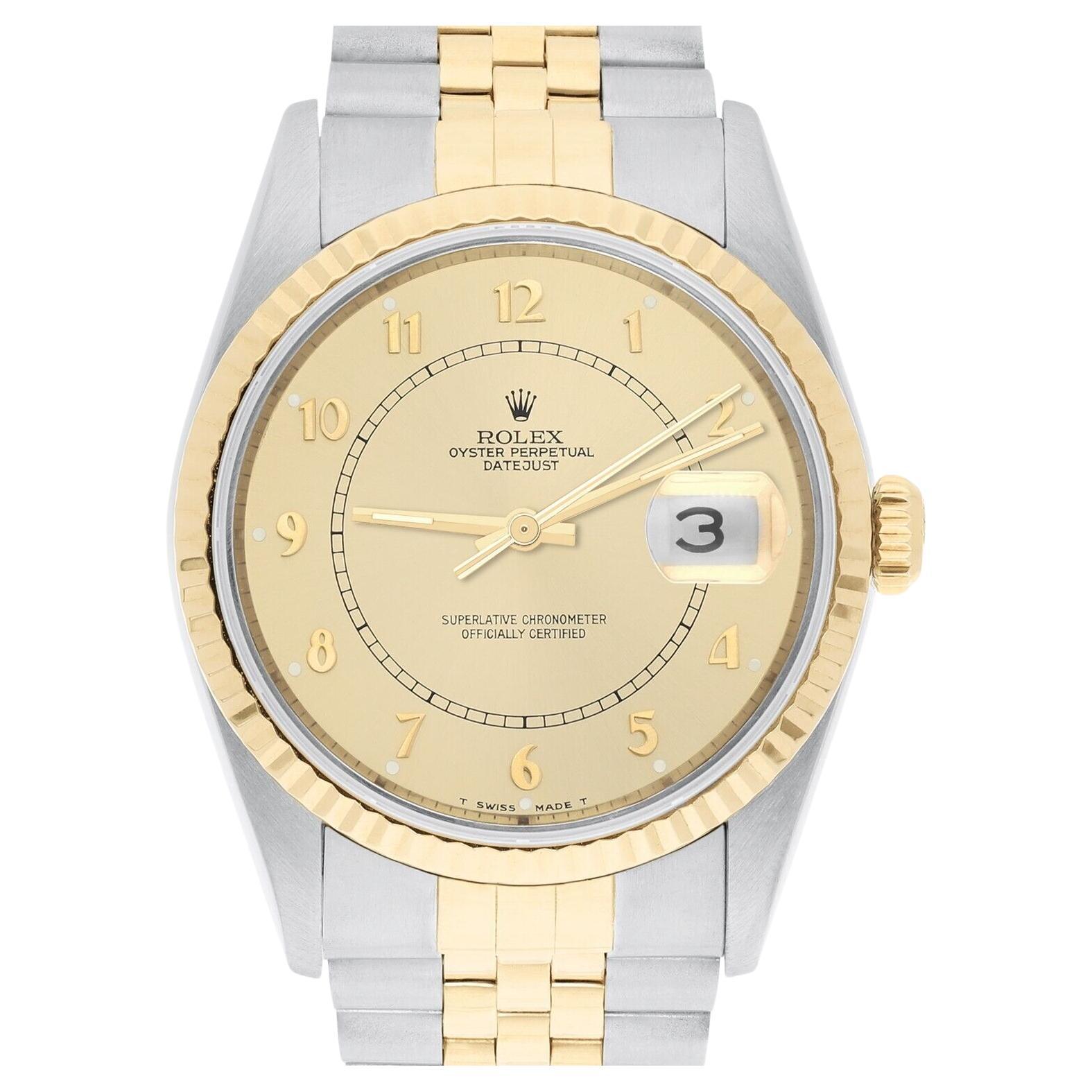 Rolex Datejust 36mm Two Tone Champagne Arabic Dial Jubilee 16233 Circa 2002 B/P For Sale