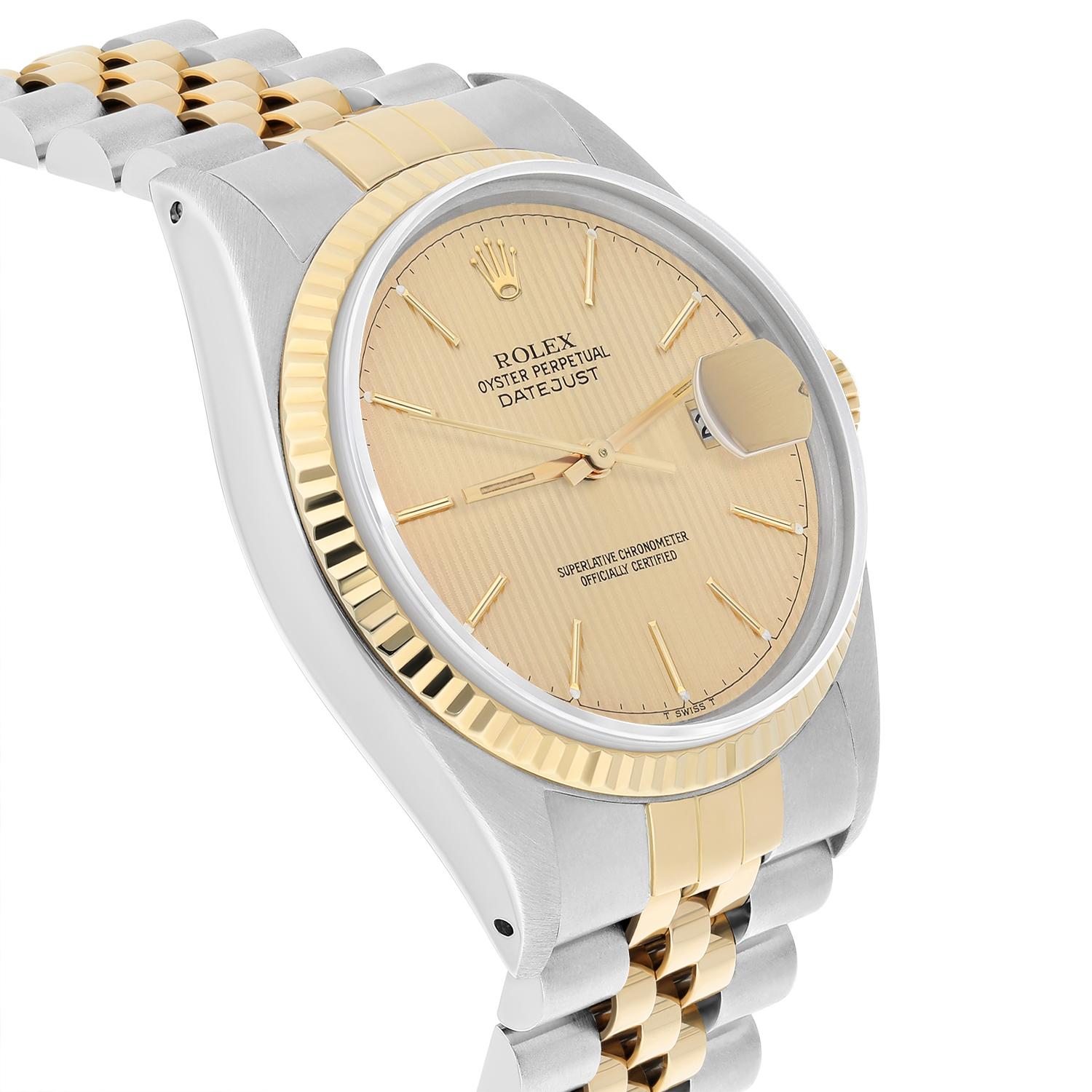Rolex Datejust 36mm Two Tone Champagne Dial Jubilee 16013 Circa 1988 Papers Excellent état - En vente à New York, NY