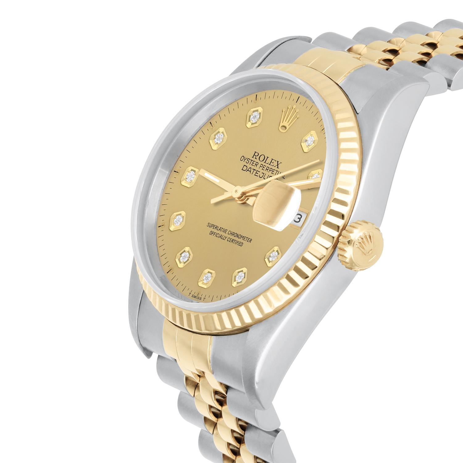 Rolex Datejust 36mm Two Tone Champagne Diamond Dial Jubilee 16233 Circa 1995 In Excellent Condition For Sale In New York, NY