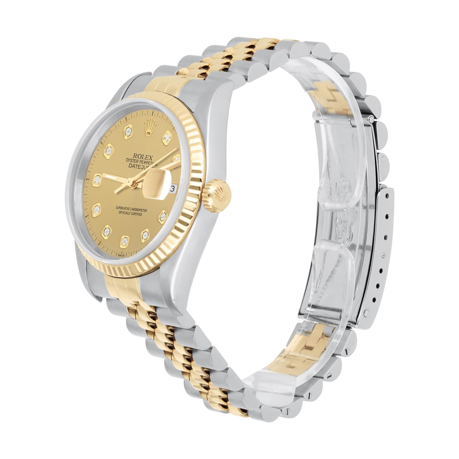Women's or Men's Rolex Datejust 36mm Two Tone Champagne Diamond Dial Jubilee 16233 Circa 1995 For Sale
