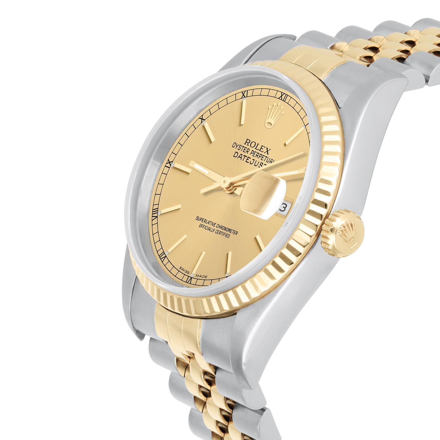 Rolex Datejust 36mm Two Tone Champagne Dial Jubilee 16233 Circa 1995 In Excellent Condition For Sale In New York, NY