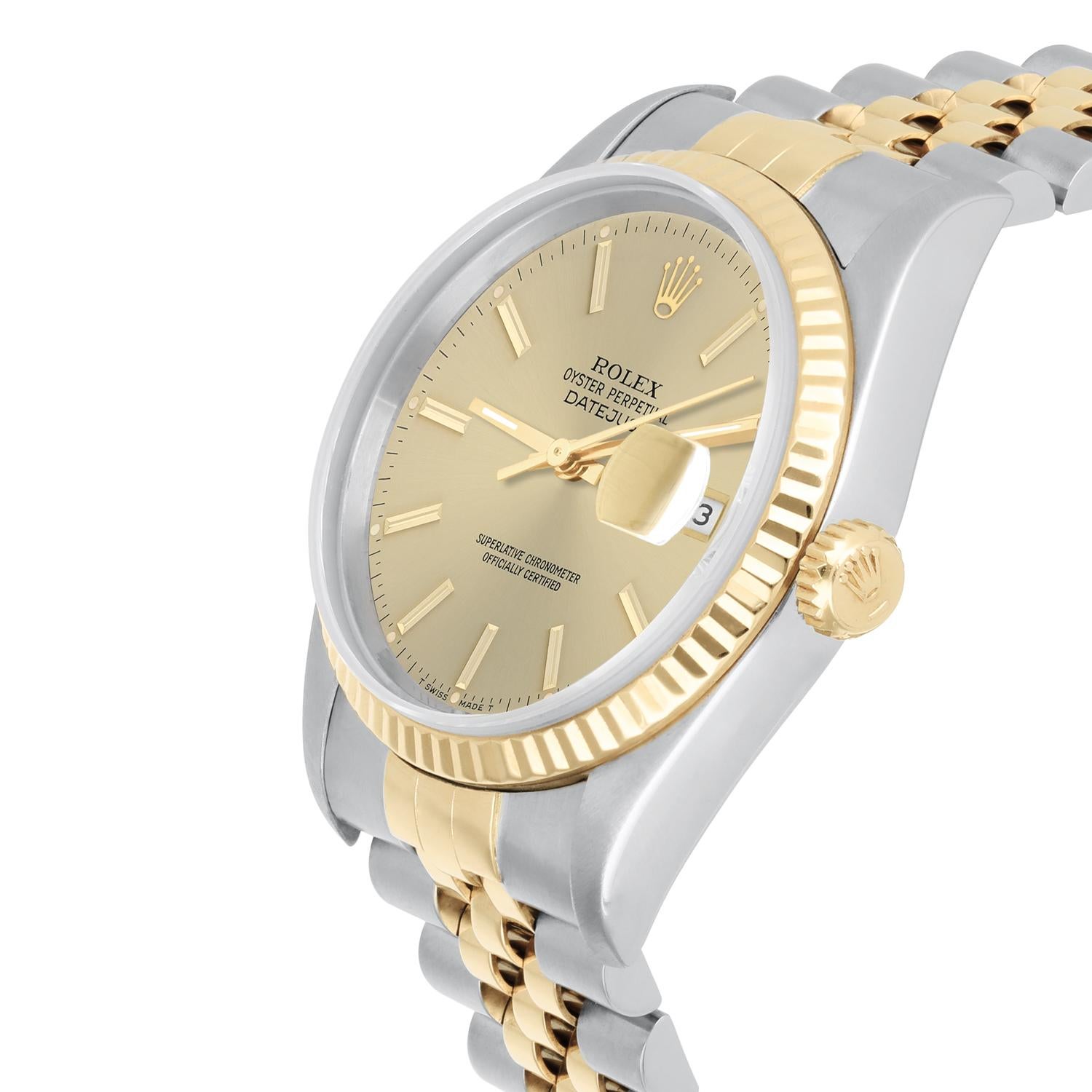 Modern Rolex Datejust 36mm Two Tone Champagne Index Dial Jubilee 16233 Circa 1995 For Sale